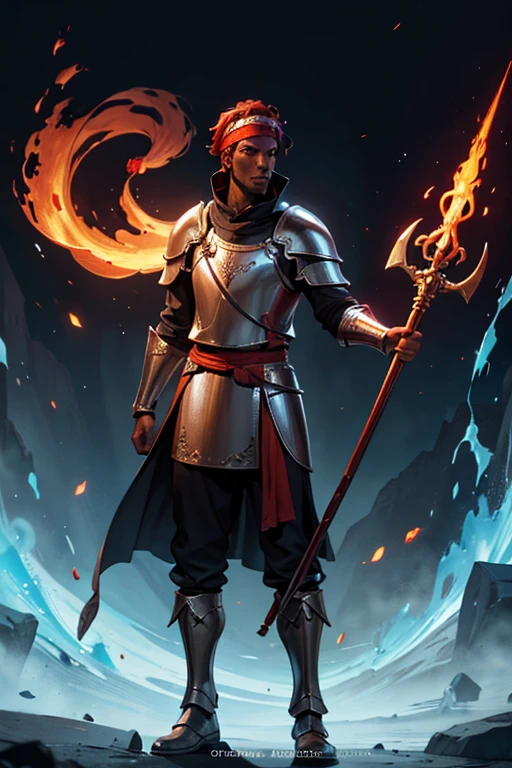 A male tall blacked skinned cleric with a fire tipped staff , wearing rune marked plate armour , he has a red headband with gemstones