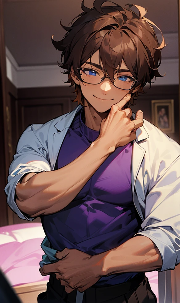 a tanned male with messy brown hair with blue eyes wearing black pants and a purple sweater wearing glasses at a house, smiling, muscular