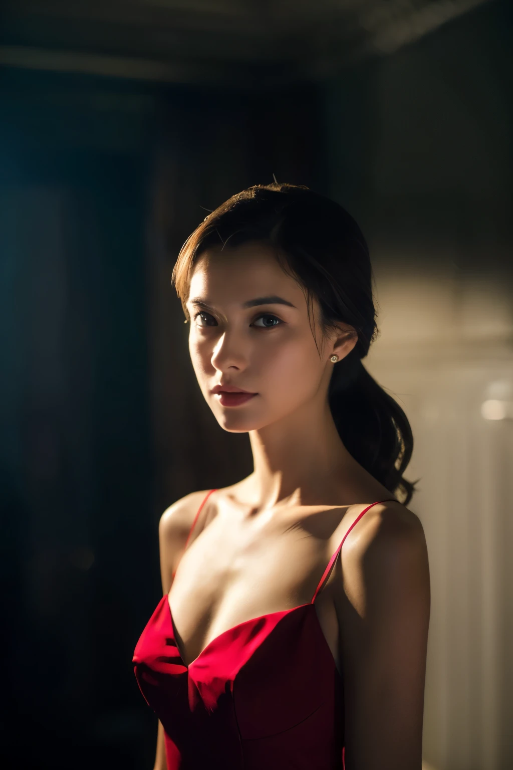 A 25-year-old woman in a dress is standing, her body and head straight in the photo, facing the viewer, her eyes fixed on the lens, and her shoulders and head in the photo. I am. The woman is in the center of her photo. 8K, best quality, masterpiece, realistic, realistic photo, movie photo, surreal, one person, detailed, perfect lighting, DSRL, professional photo, 4k