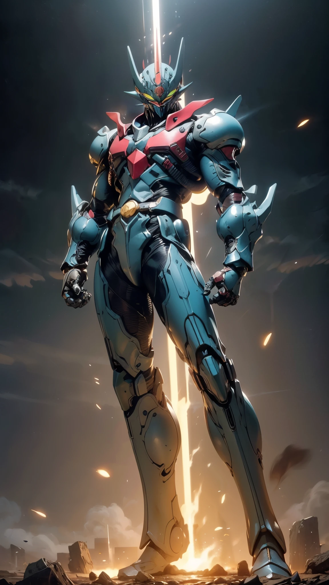 A man wearing a full-face helmet, a fantasy-style biotech armored combat suit, green eyes, (a composite layered chest armor), fully enclosed shoulder guards, matching arm and leg guards, the belt is adorned with Z mark, (the color scheme is primarily white with red and blue accents), the design balances heavy with agility, a high-tech bio-mecha armor, (Armor Concept Inspired by Mazinger Z, stand on the top of a skyscraper in a futuristic sci-fi city), this character embodies a finely crafted fantasy-surreal style armored hero in anime style, exquisite and mature manga art style, (battle damage, element, plasma, energy, the armor glows), ((male:1.5)), metallic, real texture material, dramatic, high definition, best quality, highres, ultra-detailed, ultra-fine painting, extremely delicate, professional, perfect body proportions, golden ratio, anatomically correct, symmetrical face, extremely detailed eyes and face, high quality eyes, creativity, RAW photo, UHD, 32k, Natural light, cinematic lighting, masterpiece-anatomy-perfect, masterpiece:1.5