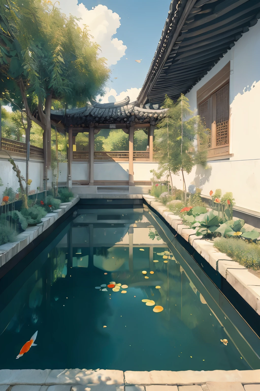 outdoor,(summer:1.1),(a scene of  garden courtyard:1.2),(white walls and black tiles:1.2),round arches,(pond:1.2),rockery,pavilion,(green: 1.1) (willow:1.1),(pond:1.2),(lotus leaf :1.1),lotus,(goldfish:1.1),blue sky and white clouds,rockery,landscape flowers,trees,oil painting,impressionism,(representative work:1.2),deep,best quality,masterpiece,high resolution,original,(extremely detailed CG:1.2),Painting,Brush,Masterpiece,Best Quality,8k,Crazy Detail,Complex Detail,Super Detailed,Super Quality,High Detail,Ultra Detailed,