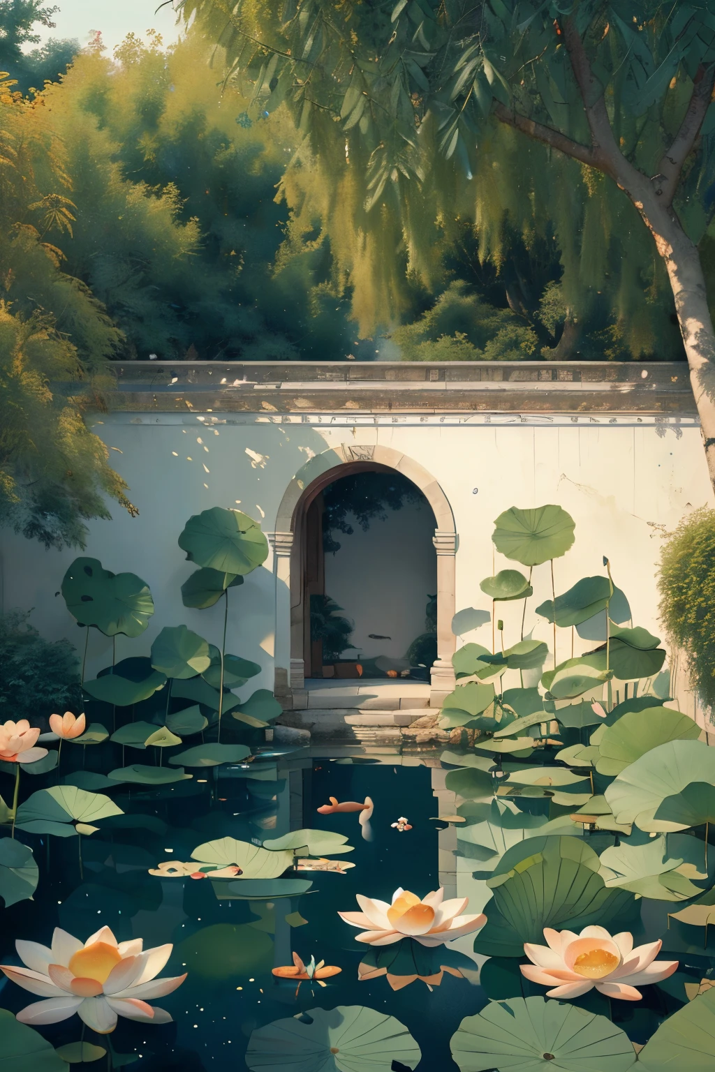 outdoor,(summer:1.1),(a scene of  garden courtyard:1.2),(white walls and black tiles:1.2),round arches,(pond:1.2),rockery,pavilion,(green: 1.1) (willow:1.1),(pond:1.2),(lotus leaf :1.1),lotus,(goldfish:1.1),blue sky and white clouds,rockery,landscape flowers,trees,oil painting,impressionism,(representative work:1.2),deep,best quality,masterpiece,high resolution,original,(extremely detailed CG:1.2),Painting,Brush,Masterpiece,Best Quality,8k,Crazy Detail,Complex Detail,Super Detailed,Super Quality,High Detail,Ultra Detailed,