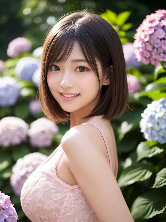 ((V-neck dress))、(close up),((highest quality)), Realistic, Very detailed, In detail, ((High resolution)), 8K,Japanese women,Beautiful woman,gravure,sexy,Beautiful Skin,Beautiful and beautiful eyes,Detailed face,(Glamour),((short hair)),Brunette colored hair,20th Generation,Glamour system,Bust size 85cm,Neat stenosis,(Beautiful and beautiful eyes),(Adult),smiling sexy,((Pink hydrangea fields all around))、