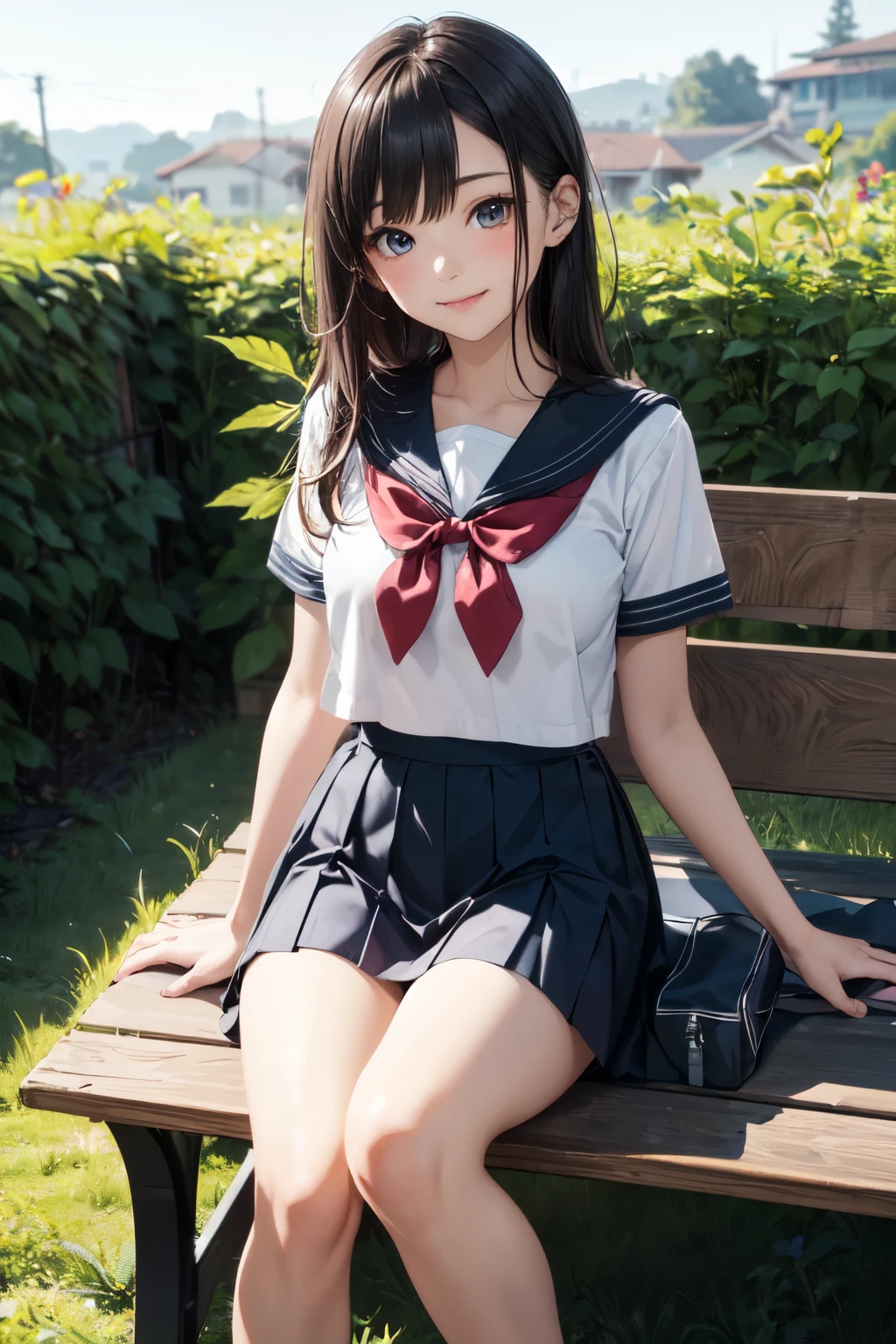 very cute and beautiful girl,(highly detailed beautiful face and eyes),
(smile),happy,blush,looking at viewer,sailor ,short sleeve,pleated navy blue mini skirt,
black hair,sitting,school bag,
flower garden,wooden bench,grassland,shrubbery,
(best quality,masterpiece),absurdres,highres,ultra-detailed,extremely detailed,32k,8k resolution,
intricate details,cinematic scene,detailed background,solo,dynamic angle,