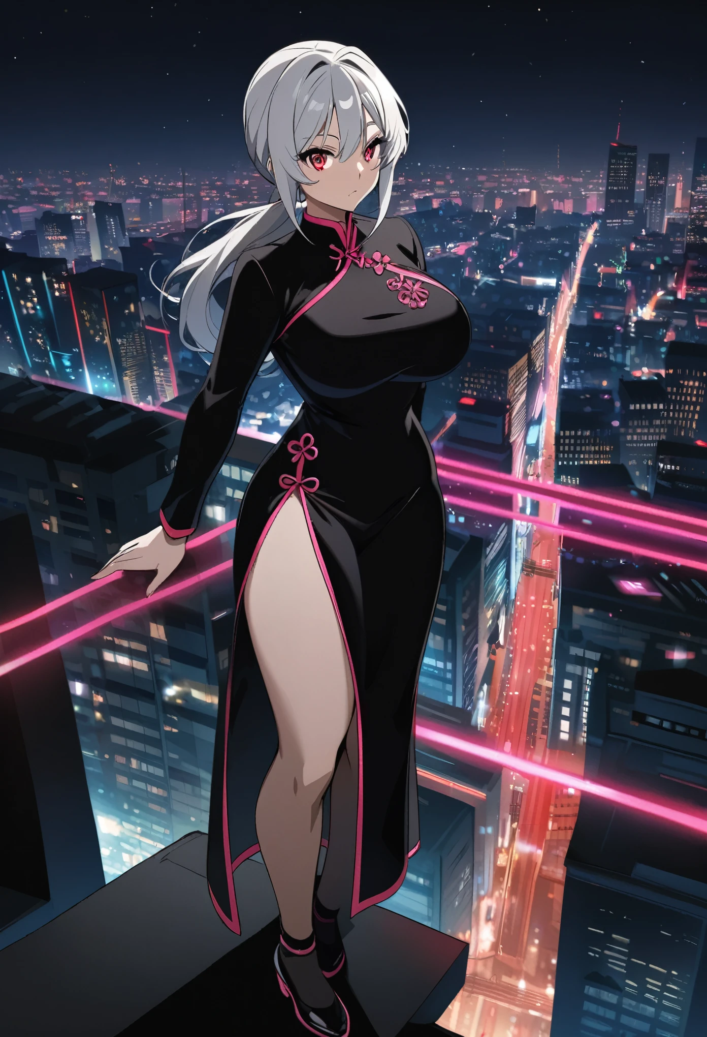 anime, (artwork, best quality, ultra-detailed, high contrast), 1 woman brasilian (Alone, full body, plus size body, standing on the edge of the skyscraper, silver hair, LONG In a ponytail, red eyes, perfect eyes ruby sparkles, (simple black qipao, black cybernetics with neon pink), transparent black socks), (skyscraper roof, overlooking a city, detailed background ((night time, Darkness, low light pollution)))