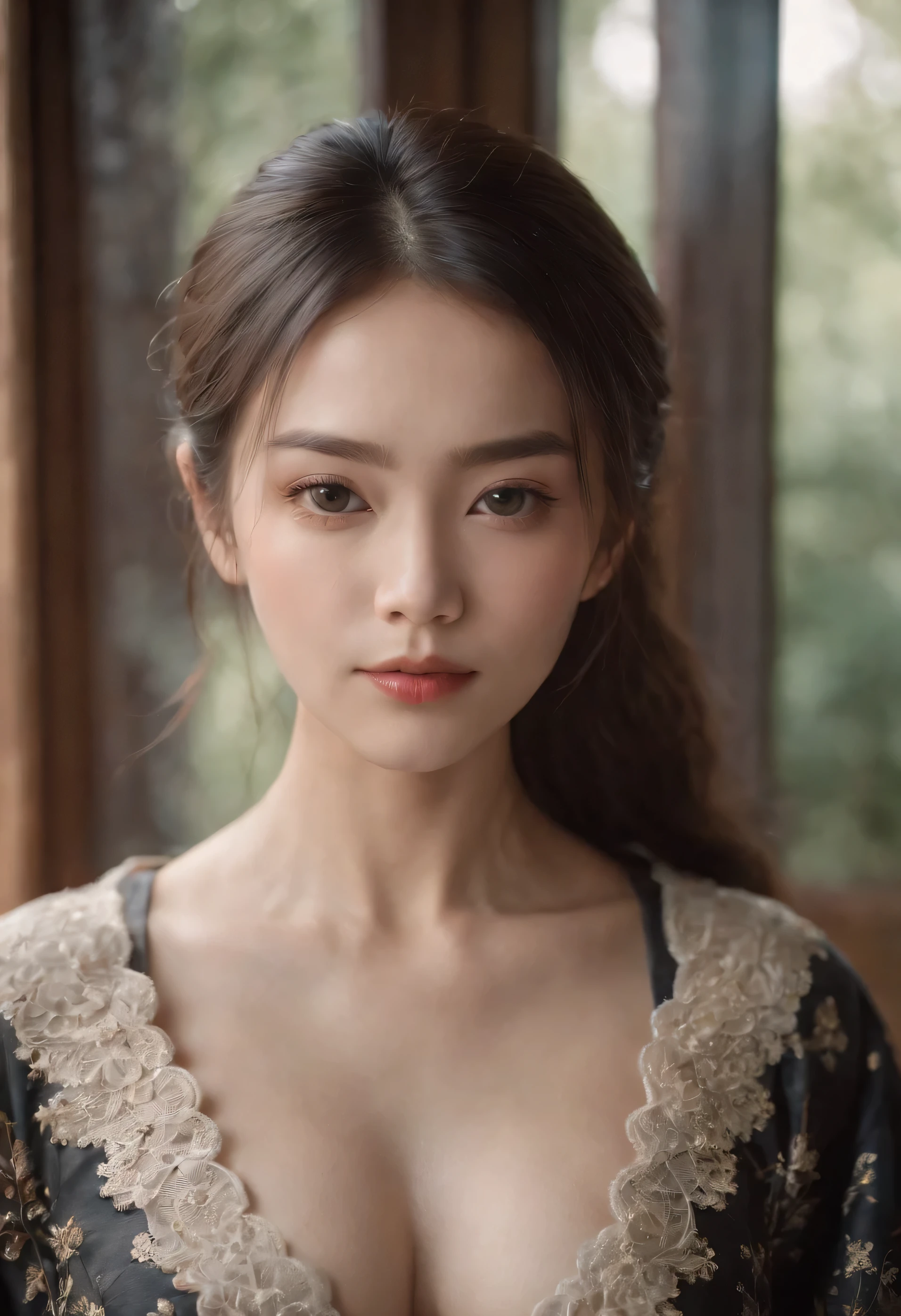 Realistic portrait, Official Art, Unity 8k wallpaper, super detailed, beautiful, beautiful half asian half british girl, focused on detailed face, has a little to no darkspots, wearing black clothing, facing camera and looking at camera, 3/4 angle, masterpiece, best quality, dark, atmospheric, mystical, romantic, creepy, literature, art, fashion, show era, decoration, intricacies, fur products, lace, contemplation, emotional depth, supernatural, kimono 1girl, solo, neck, bust composition, Realistic, bokeh, lens_flare,Natural light,portrait,Grey Film filter,(KODAK Ektar 100:1.2)