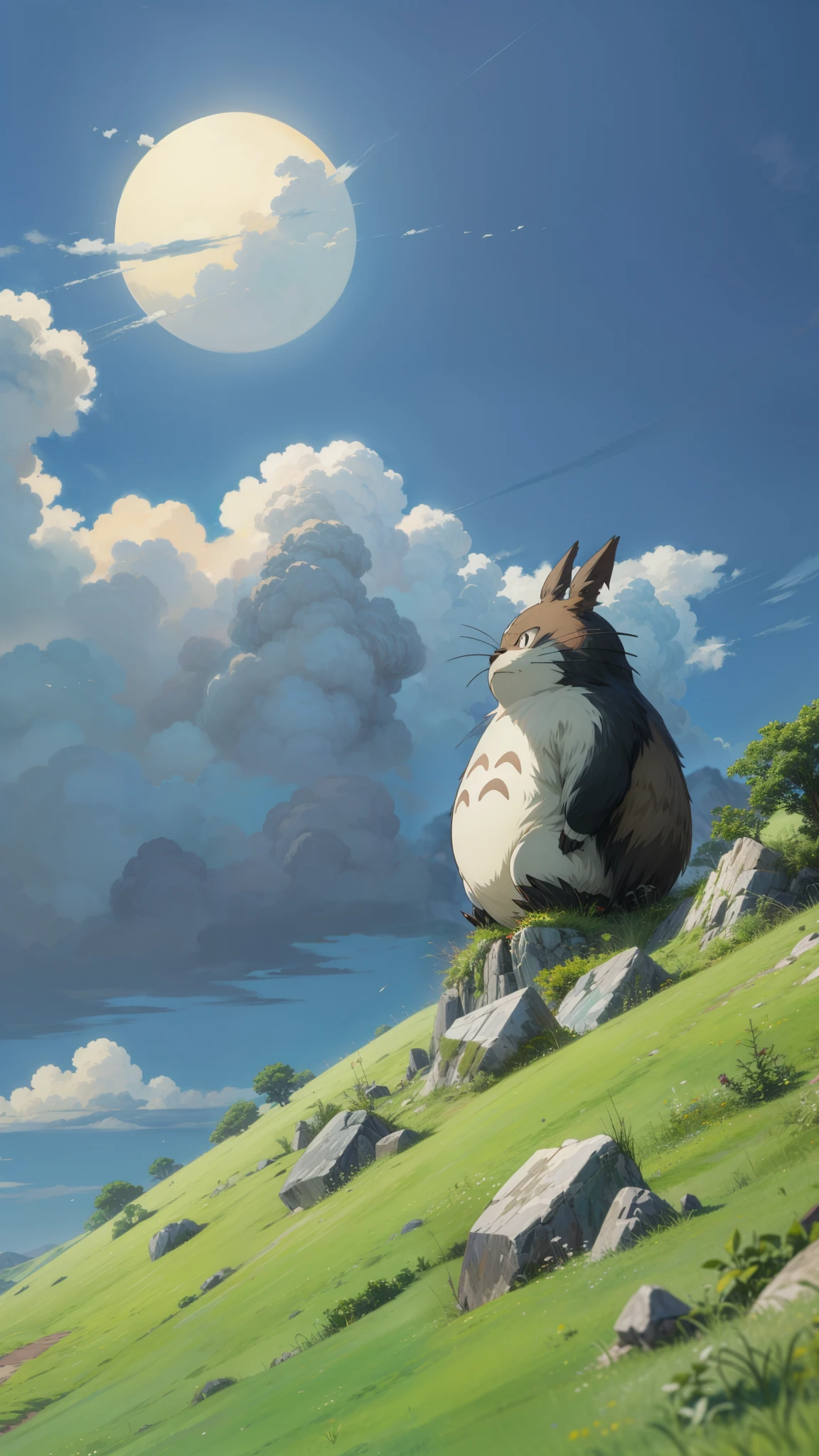 a painting of a cartoon character sitting on top of a hill, from the studio ghibli film, official studio ghibli still, studio ghibli movie still, by Shin Yun-bok, onstudio ghibli, studio ghibli smooth concept art, my neighbor totoro, still from studio ghibli, moody :: studio ghibli, studio ghibli still, cinematic studio ghibli still, akira toriyama studio ghibli