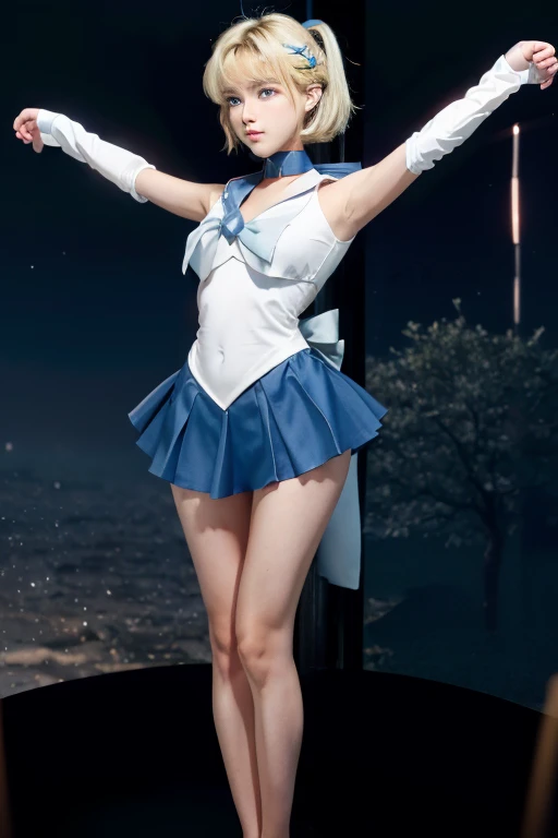 Beautiful girl、Sailor Moon, Beautiful Blue Eyes、Whole Body Ezbian、Double good, Long twin tails, Blonde hair that is almost yellow、Beautiful blonde hair、Parted bangs, Circlet, 19-year-old student, Cute face、choker, White gloves, Blue Skirt、Bullish girl、Thighs Thighs Thighs Thighs、Big Breasts、Put your hands behind your back、Put your hands behind your back、Beautiful breasts、Beautiful feet、Big red ribbon on chest、full moon、Night Scenery、Building lighting