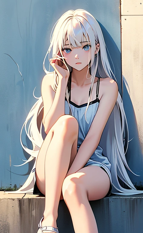 (masterpiece:1.4、top-quality、illustration:,realistic、)、(character focus、,full body:1.3)、(1girl),(clear face:1.3),(exact limbs:1.4),cute face,blue eyes、(tareme:1.3)、((sitting legs up:1.5),
(),(sitting,lean against the wall:1.4),、
(white hair),(long hair:1.5)、
,(her room:1.3),(Room wear:1.5),
(blunt bangs),(sidelocks:1.3), (small breasts:1.2)、
、slender、