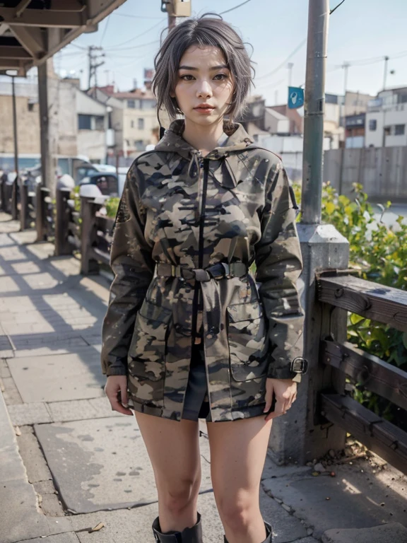 (1 lady), (Best quality at best:1.4), (ultra - detailed), (extremely detailed CG unified 16k), A Beautiful Woman with Perfect Figure: 1.4, Sharp Focus: 1.2, very detailed, High-definition RAW color photo, professional photoshooting, amazing face and eyes, cosmetics, (amazingly beautiful girl), ((yuki)), ((grays woodland camo trench coat, pixelated gray combat boots camo pattern, grays woodland camo skirt)), standing, sexyposture,(Stylish urban landscape, day light), (look from down), realistic cinematic face, head to feet long wide zoomed out view, full body long view, photorealistic, ((realistic natural grayish purple hair style, yellowish eyes)), gorgeous, extremely beautiful face, perfect model beauty, pout mouth, Highly Detailed Face and Skin Texture, Detailed Eyes, Double Eyelids, Big Breasts, inexpressive face, cleavages, western, (masterpiece), best quality, high resolution, extremely detailed, blurred background, depth of field, cinematic lighting, amazing legs, clear and well-cared skin