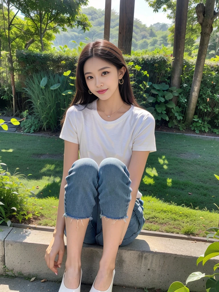 ,masterpiece, best quality,8k, ultra highres,Reallightandshadow,Cinema lenses,(beautidful eyes:1.1), ((The scene is,The upper part of the body)),dynamicposes,On a green meadow,A gentle goddess came with a gentle step。She wore a white Tshirts and blue pants,A gentle breeze blows,The skirt dances lightly。The sun shines through the leaves on her hair,Reflecting her clear eyes and gentle smile。Colorful butterflies flew around her,Flowers bloomed at her feet,It was as if nature was cheering for her, slightly tanned skin, healthy, sexy, charming.