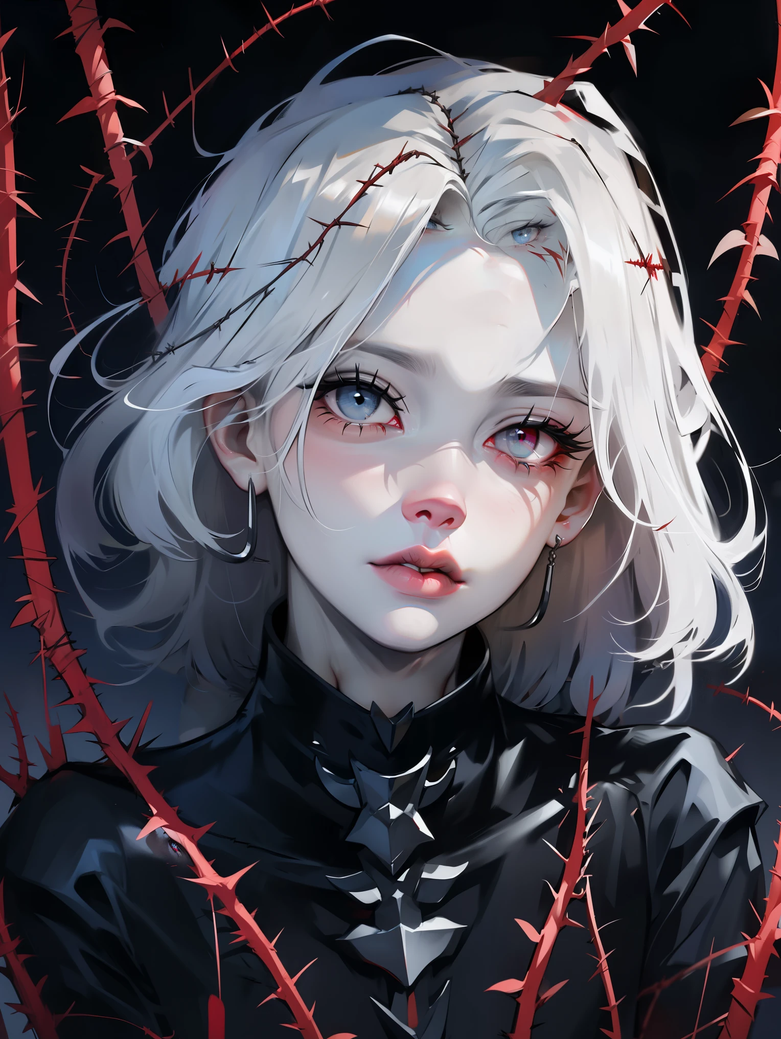 Beautiful young grey-haired woman with piercing red and blue eyes, Half smile with full lips, Black nails, Barbed wire everywhere(Wrapped in black barbed wire),Reading eyes,blue eyes, (Different eyes), (Heterochromia)