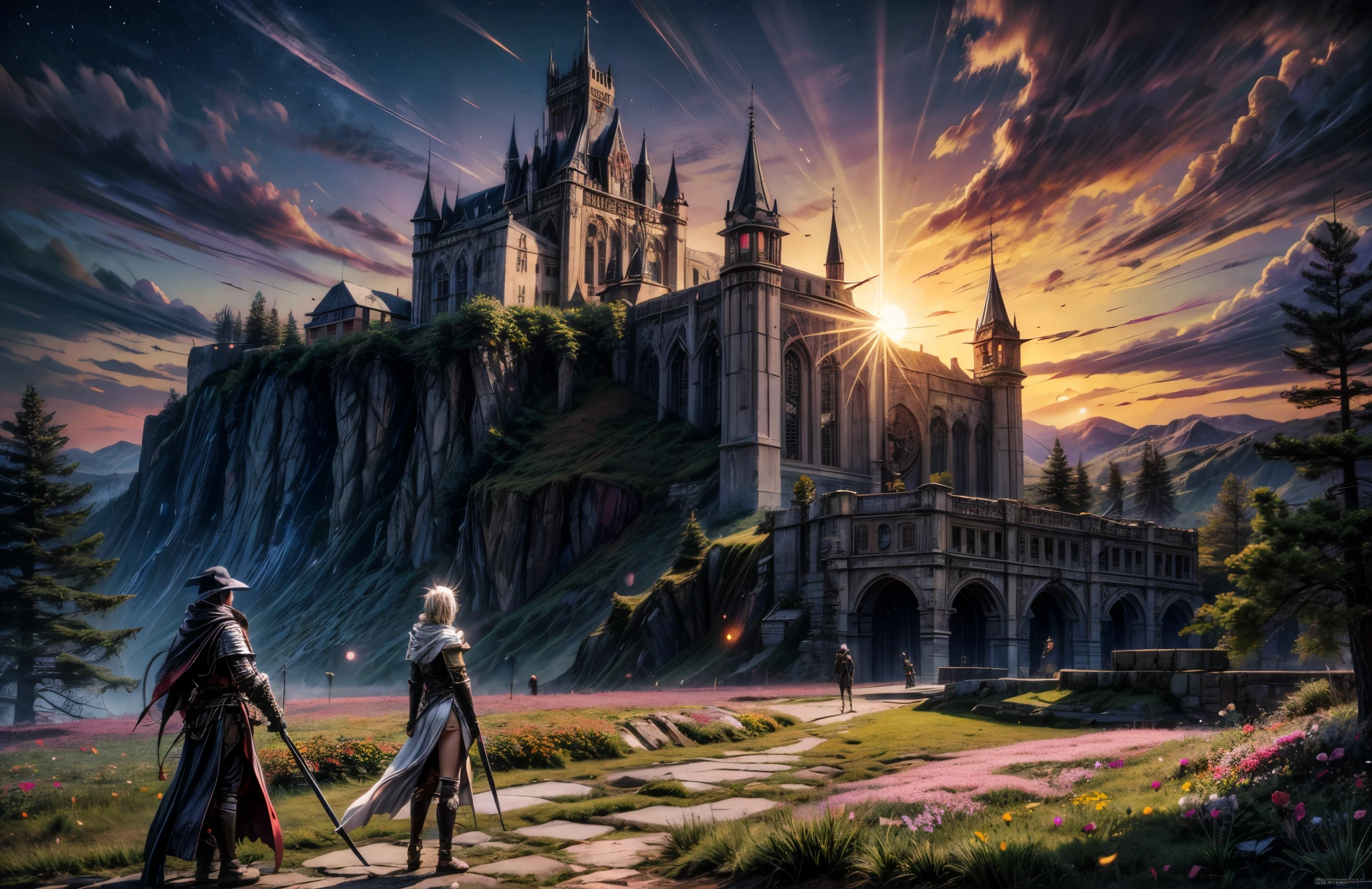 anime aestetics, fantasy landscape, day time, dark orange skies, swapm with a lot of rocky hills, the ruiins of a huge castle far at the background, ruins of the medieval wall on the foreground, white spiky sun, beautiful architecturered solar eclipse, a lot of pink flowers with pointy petals, dark souls 3 eclipse, wide shot, front view, berserk eclipse, tragic atmospher, sad atmosphere, 4k, masterpiece:1.4, best quality,4k,high resolution ultra detailed, retina