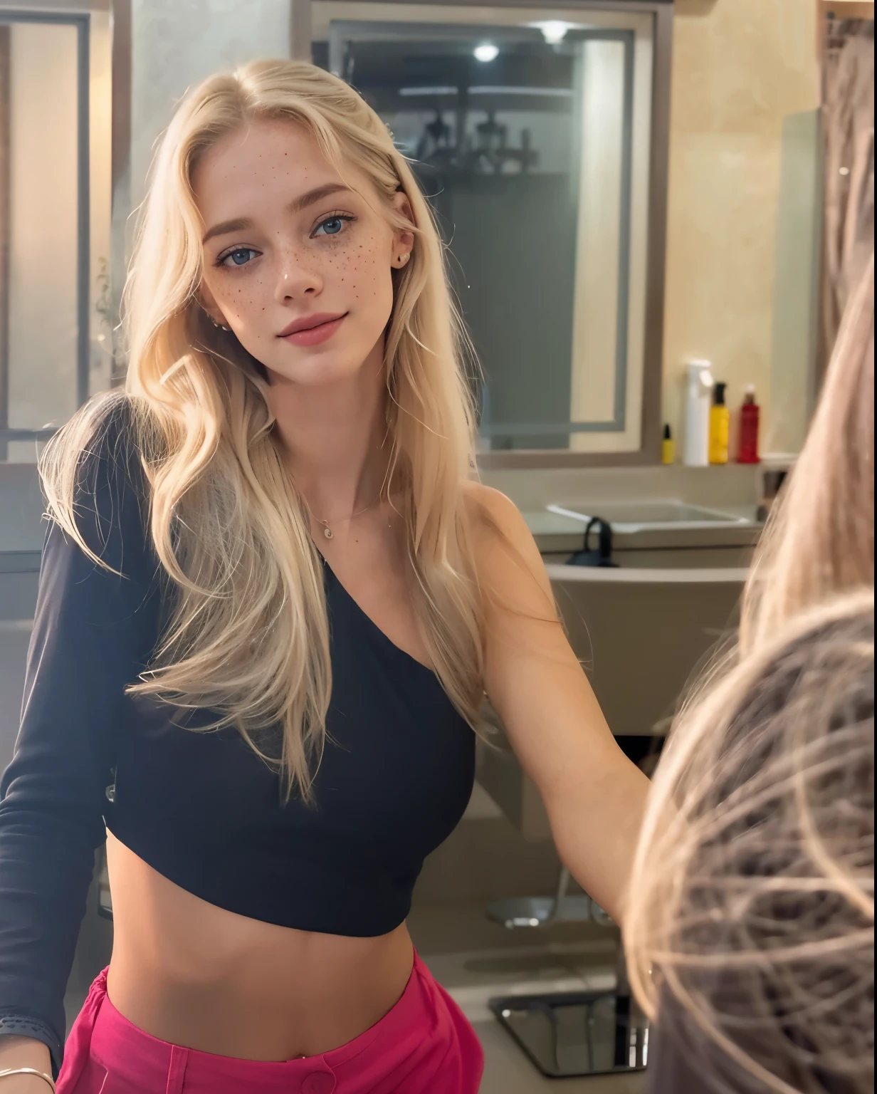 mulher, americana, 25 anos, pale skin and freckles, olhos cinzas, nariz delicado, soft and delicate lips, longo, cabelo blondie longo e ondulado na altura da cintura, sorriso meigo, face with delicate feminine facial features, altamente renderizado