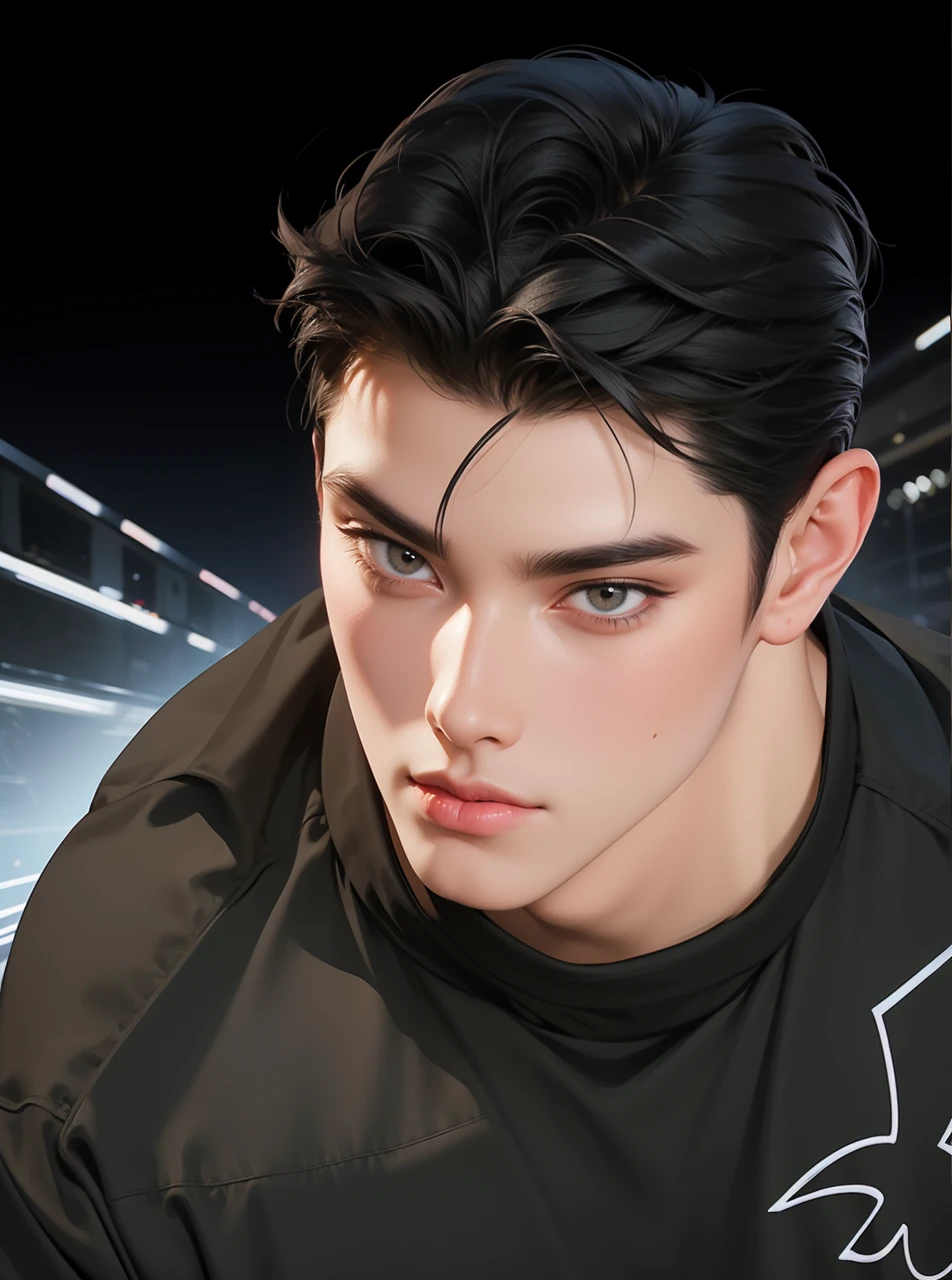 (best quality,4k,8k,highres,masterpiece:1.2),ultra-detailed,realistic,professional,(portraits,concept artists),vivid colors,sharp focus,HDR,studio lighting,(black hair:1.1),(black eyes:1.1), a man, muscualr,strong body,trained, ((wearing half sleeve black jacket)),
