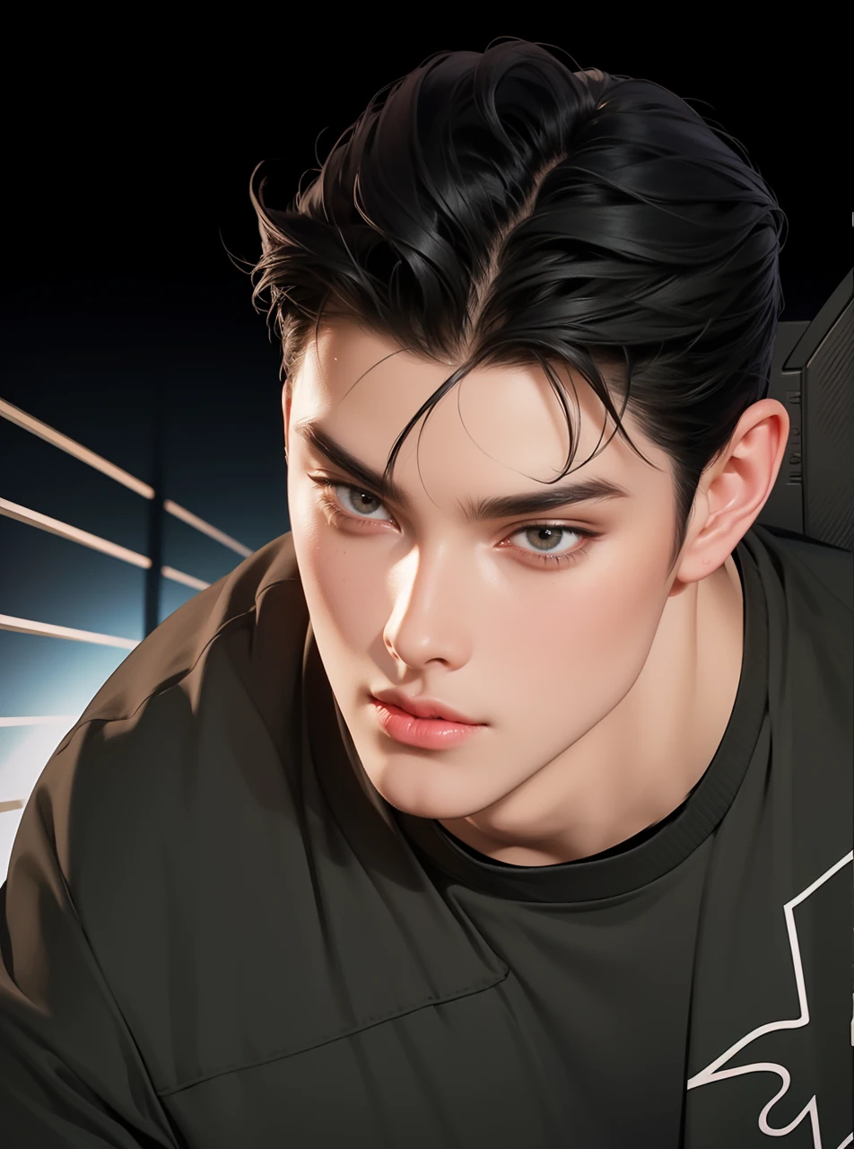 (best quality,4k,8k,highres,masterpiece:1.2),ultra-detailed,realistic,professional,(portraits,concept artists),vivid colors,sharp focus,HDR,studio lighting,(black hair:1.1),(black eyes:1.1), a man, muscualr,strong body,trained, ((wearing half sleeve black jacket)),