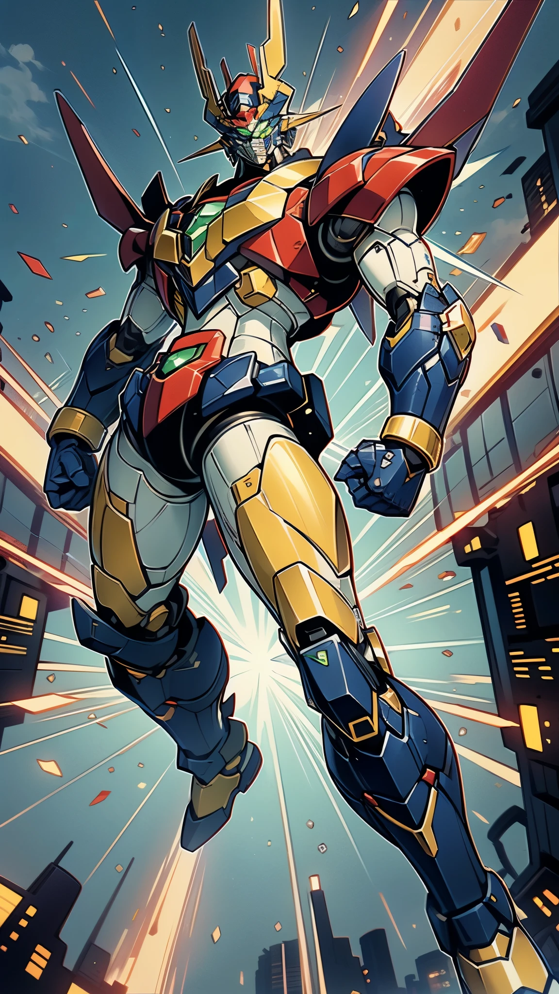 A man wearing a full-face helmet, a fantasy-style biotech armored combat suit, green eyes, (a composite layered chest armor), fully enclosed shoulder guards, matching arm and leg guards, the belt is adorned with Z mark, (the color scheme is primarily white with red and blue accents), the design balances heavy with agility, a high-tech bio-mecha armor, (Armor Concept Inspired by Mazinger Z, stand on the top of a skyscraper in a futuristic sci-fi city), this character embodies a finely crafted fantasy-surreal style armored hero in anime style, exquisite and mature manga art style, (battle damage, element, plasma, energy, the armor glows), ((male:1.5)), metallic, real texture material, dramatic, high definition, best quality, highres, ultra-detailed, ultra-fine painting, extremely delicate, professional, perfect body proportions, golden ratio, anatomically correct, symmetrical face, extremely detailed eyes and face, high quality eyes, creativity, RAW photo, UHD, 32k, Natural light, cinematic lighting, masterpiece-anatomy-perfect, masterpiece:1.5