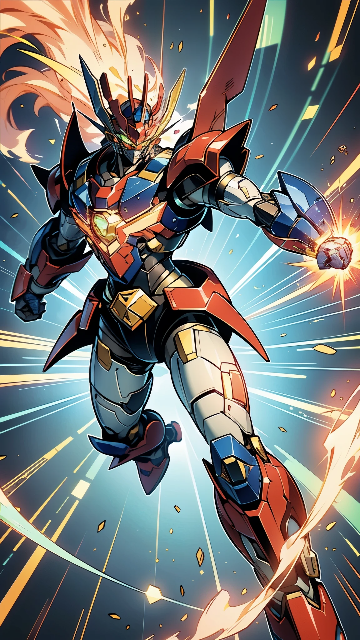 A man wearing a full-face helmet, a fantasy-style biotech armored combat suit, green eyes, (a composite layered chest armor), fully enclosed shoulder guards, matching arm and leg guards, the belt is adorned with Z mark, (the color scheme is primarily white with red and blue accents), the design balances heavy with agility, a high-tech bio-mecha armor, (Armor Concept Inspired by Mazinger Z, stand on the top of a skyscraper in a futuristic sci-fi city), this character embodies a finely crafted fantasy-surreal style armored hero in anime style, exquisite and mature manga art style, (battle damage, element, plasma, energy, the armor glows), ((male:1.5)), metallic, real texture material, dramatic, high definition, best quality, highres, ultra-detailed, ultra-fine painting, extremely delicate, professional, perfect body proportions, golden ratio, anatomically correct, symmetrical face, extremely detailed eyes and face, high quality eyes, creativity, RAW photo, UHD, 32k, Natural light, cinematic lighting, masterpiece-anatomy-perfect, masterpiece:1.5