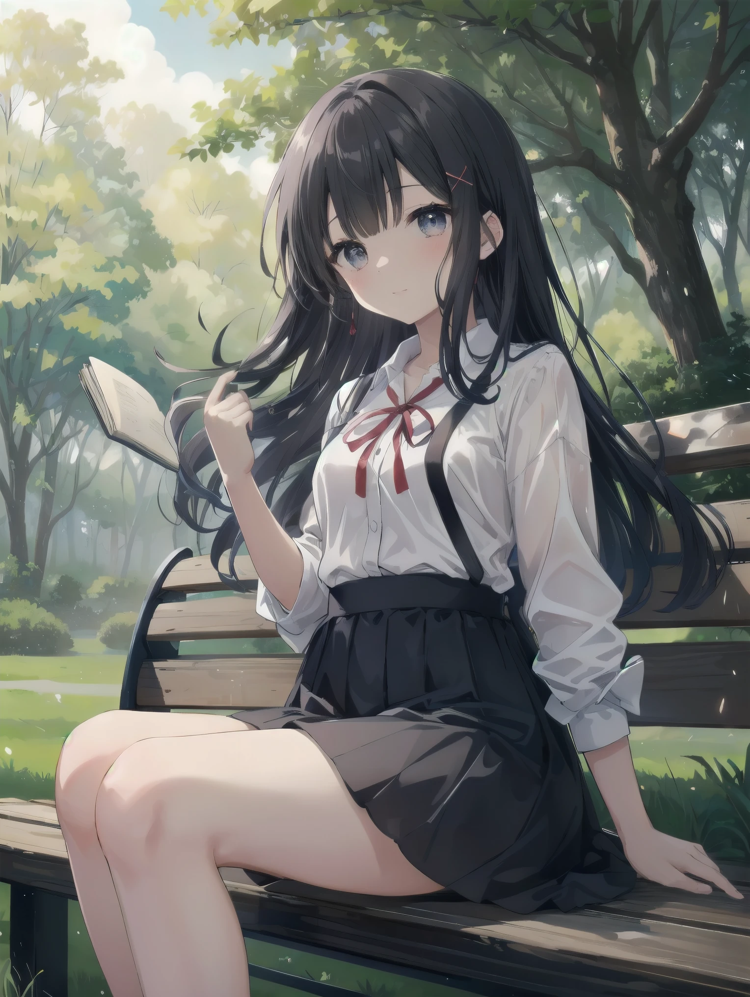 In a lush green park, a beautiful girl, Saori, was sitting on a bench with the sun shining through the trees. Her translucent eyes were sunken in deep contemplation, and in her hand was an old map and a notebook filled with scribbles.Her long, glossy black hair danced in the wind, her light red ribbons twirling in the wind. Saori, have you found any clues yet?" Yosuke, a childhood friend sitting next to her, asked anxiously, "Saori, have you found any clues yet? Saori smiled, closed her notebook, and said, "Yes, I'm almost done. But we may need to take extrajudicial measures in the future. I reply. Her eyes sparkle as if she is enjoying the challenge.