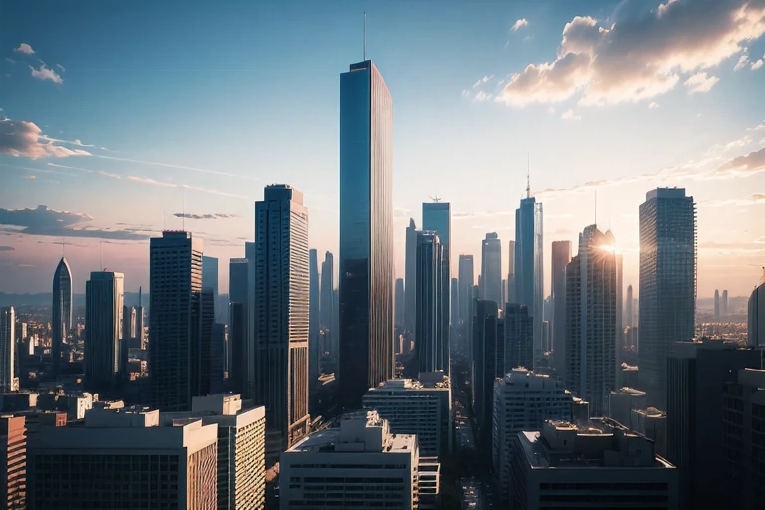 4K Real Image、Beautiful blue sky、Flat silhouette of buildings、A dark silhouette against the backlight