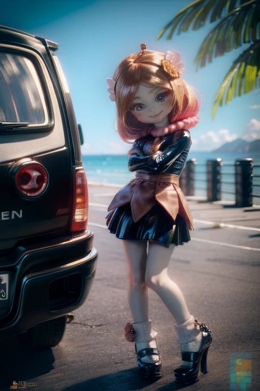 The following scenes will be made into toy camera photos.（morning、 Posing in front of colorful EVs in a parking lot near the beach、 National costume、ethnic hair ornament、Ethnic characteristic shoes、smile、shining light）
