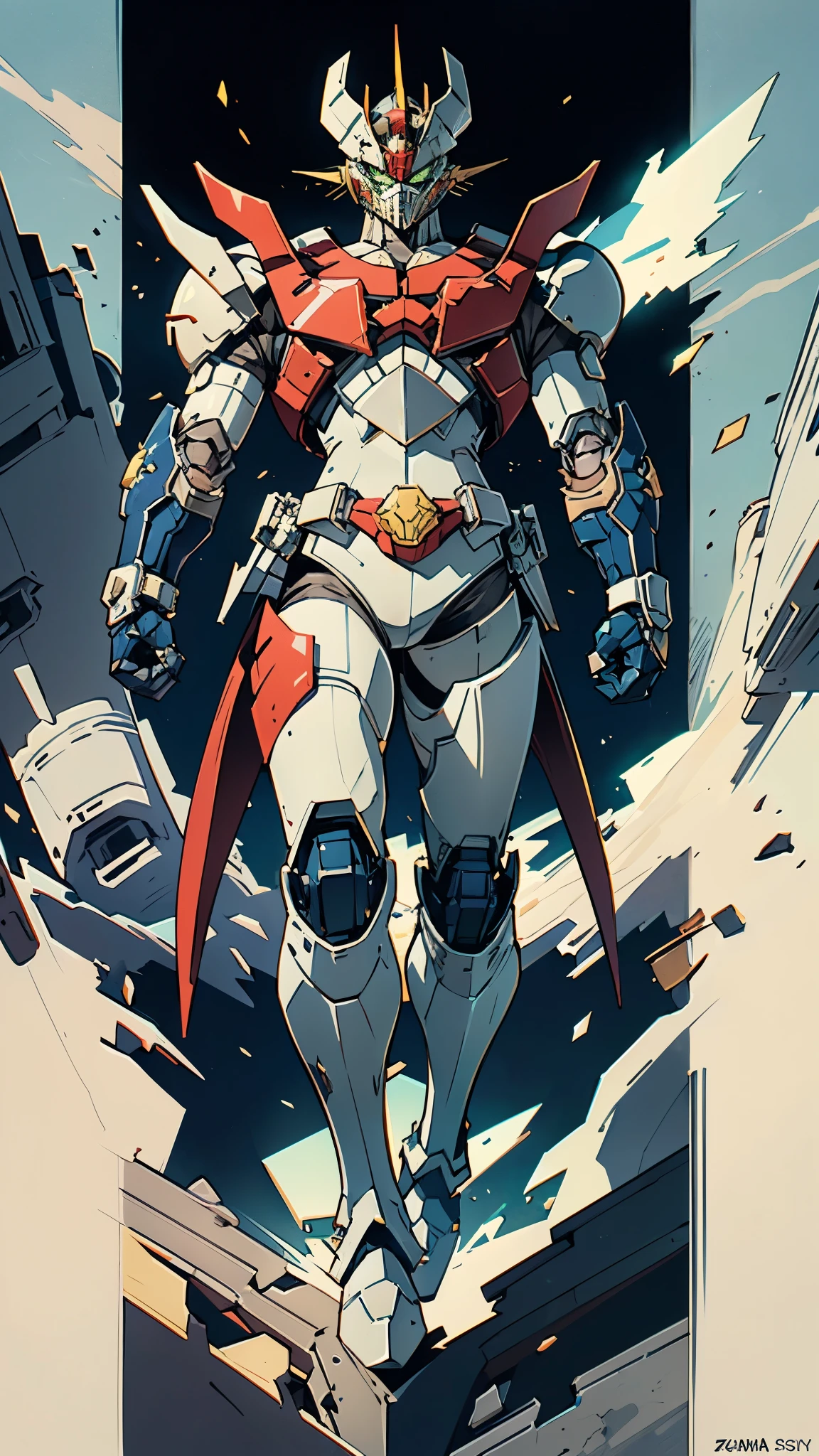 A man wearing a full-face helmet, a fantasy-style biotech armored combat suit, green eyes, (a composite layered chest armor), fully enclosed shoulder guards, matching arm and leg guards, the belt is adorned with Z mark, (the color scheme is primarily white with red and blue accents), the design balances heavy with agility, a high-tech bio-mecha armor, (Armor Concept Inspired by Mazinger Z, stand on the top of a skyscraper in a futuristic sci-fi city), this character embodies a finely crafted fantasy-surreal style armored hero in anime style, exquisite and mature manga art style, (battle damage, element, plasma, energy, the armor glows), ((male:1.5)), metallic, real texture material, dramatic, high definition, best quality, highres, ultra-detailed, ultra-fine painting, extremely delicate, professional, perfect body proportions, golden ratio, anatomically correct, symmetrical face, extremely detailed eyes and face, high quality eyes, creativity, RAW photo, UHD, 32k, Natural light, cinematic lighting, masterpiece-anatomy-perfect, masterpiece:1.5
