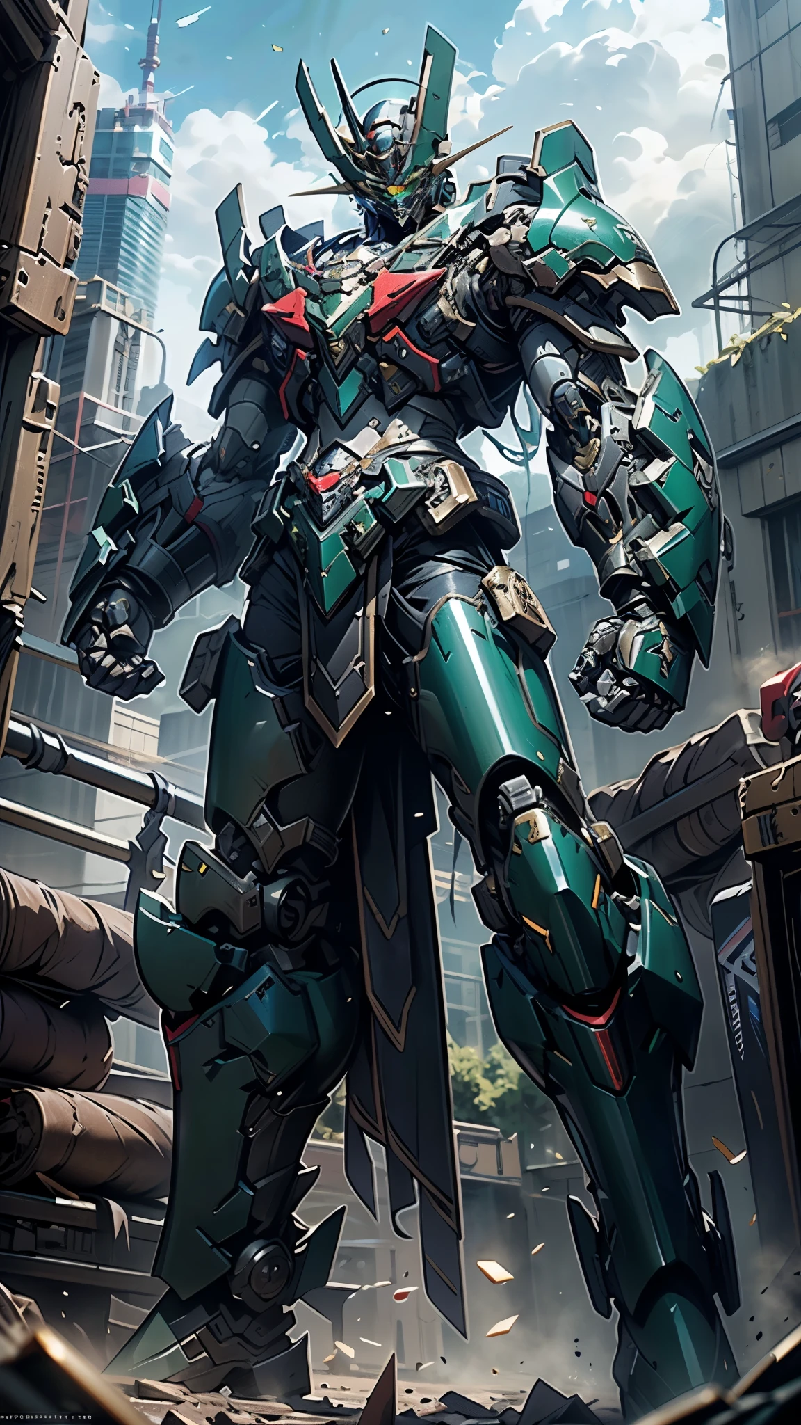 A man wearing a full-face helmet, a fantasy-style biotech armored combat suit, green eyes, (a composite layered chest armor), fully enclosed shoulder guards, matching arm and leg guards, the belt is adorned with Z mark, (the color scheme is primarily white with red and blue accents), the design balances heavy with agility, a high-tech bio-mecha armor, (Armor Concept Inspired by Mazinger Z, stand on the top of a skyscraper in a futuristic sci-fi city), this character embodies a finely crafted fantasy-surreal style armored hero in anime style, exquisite and mature manga art style, (battle damage, element, plasma, energy, the armor glows), ((male:1.5)), metallic, real texture material, dramatic, high definition, best quality, highres, ultra-detailed, ultra-fine painting, extremely delicate, professional, perfect body proportions, golden ratio, anatomically correct, symmetrical face, extremely detailed eyes and face, high quality eyes, creativity, RAW photo, UHD, 32k, Natural light, cinematic lighting, masterpiece-anatomy-perfect, masterpiece:1.5