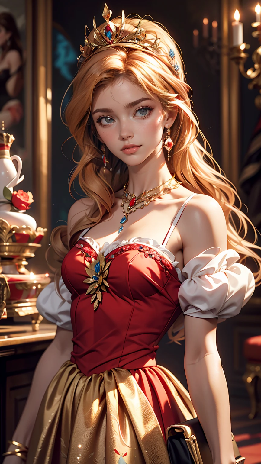 (photo of female citizen:1.3) 1girl, solo, small breasts, looking at viewer, smile, hair ornament, cleavage, dress, bare shoulders, jewelry, collarbone, ((Knees to head portrait))upper body, red hair, flower, teeth, solo focus, hair flower, necklace, blurry, strapless, tattoo, depth of field, , (realistic:1.3) crowd, (in a medieval tavern:1.1), 8k, cinematic, fantasy, nsfw, ((subtle nudity))((subtle sexuality))exposed woman, exposed breast