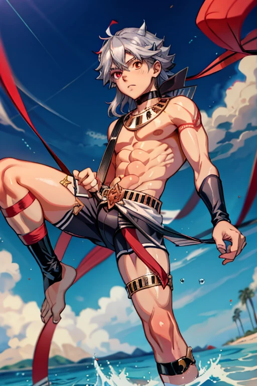 Tied up　string　torture　Fight　Young people　Swimwear　male　Thin legs　Embarrassing　pull　suffer　Slender　juvenile　Anime Red Eyes　Jitome　Gray Hair