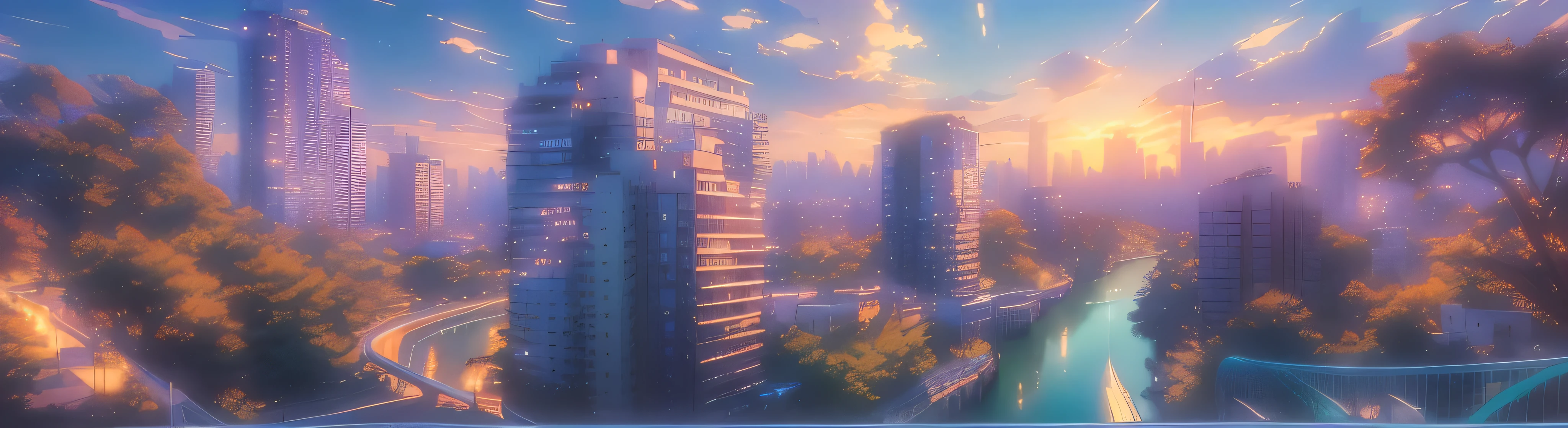 there is a picture of a city with a river running through it, hd anime cityscape, anime style cityscape, octane render. by makoto shinkai, in style of makoto shinkai, studio glibly makoto shinkai, tokyo anime scene, makoto shinkai. octane render, style of makoto shinkai