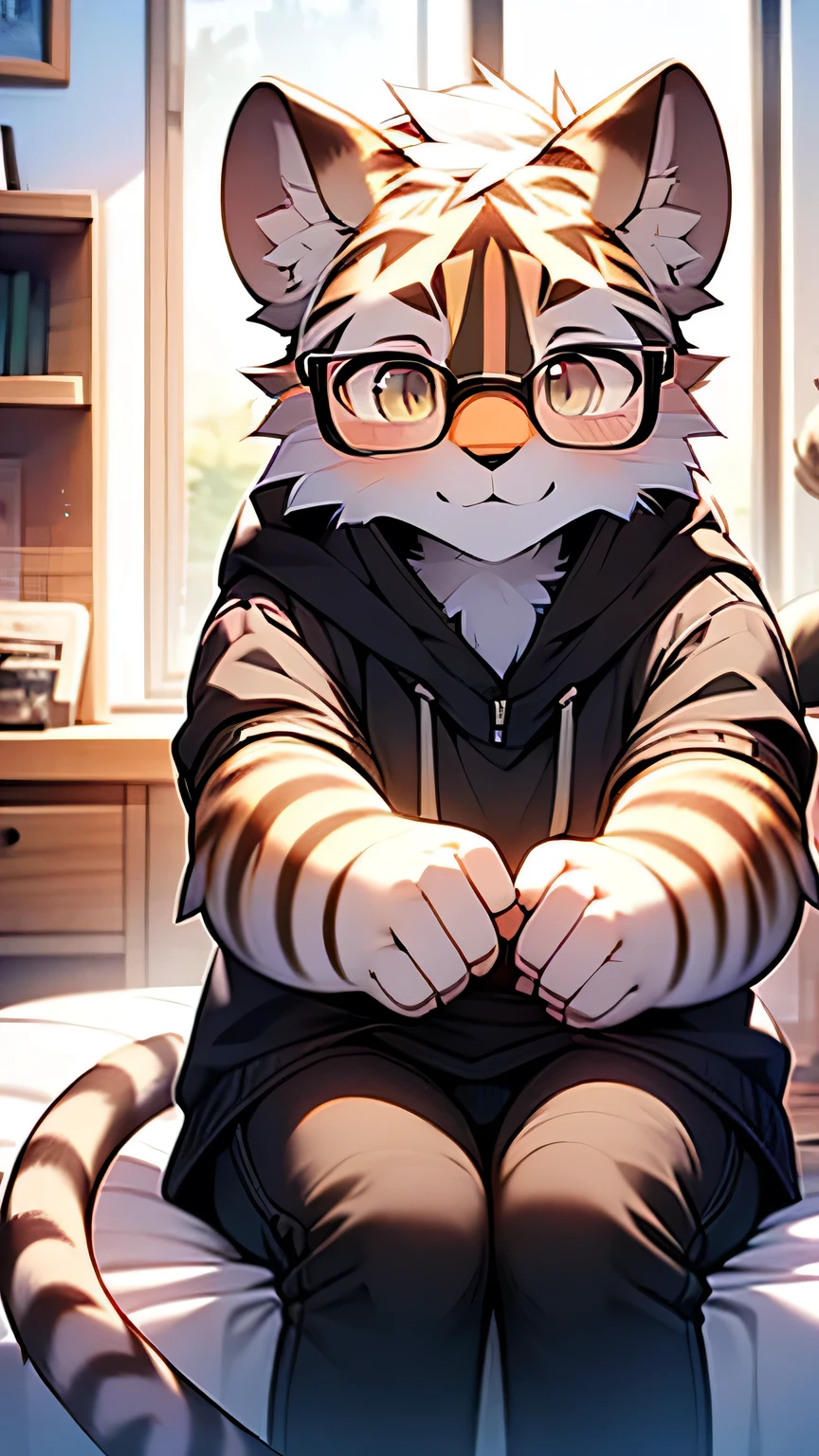 Beautiful eyes,Get close,Dynamic poses,wear glasses,PBR Rendering+UE facilitator,masterpiece,Half-length shot,male,((individual)),Hairy all over,Tiger Orc,(Black and white stripes),Shota,Golden Eyes,Delicate eyes,Look at you shyly,blush,cute,Pink gold pads,indoor,Warm ambient color,I lean against the wall and look up at you,blush,(Complex hair),Detailed background,Furry tiger tail and ears,Perfect body,8K ,high quality,Petite size,(Beautiful eyes),Get close,Dynamic poses,Half-length shot,Sitting on the bed。