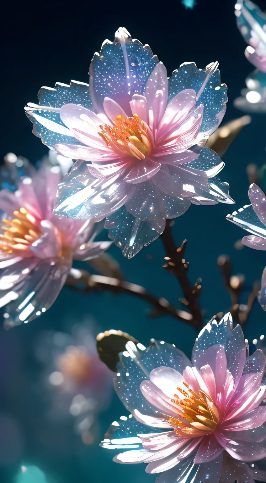 crystal spring blossom,
fantasy, galaxy, transparent, 
shimmering, sparkling, splendid, colorful, 
magical photography, dramatic lighting, photo realism, ultra-detailed, 4k, Depth of field, High-resolution, realista, magico, lindo, flor azul