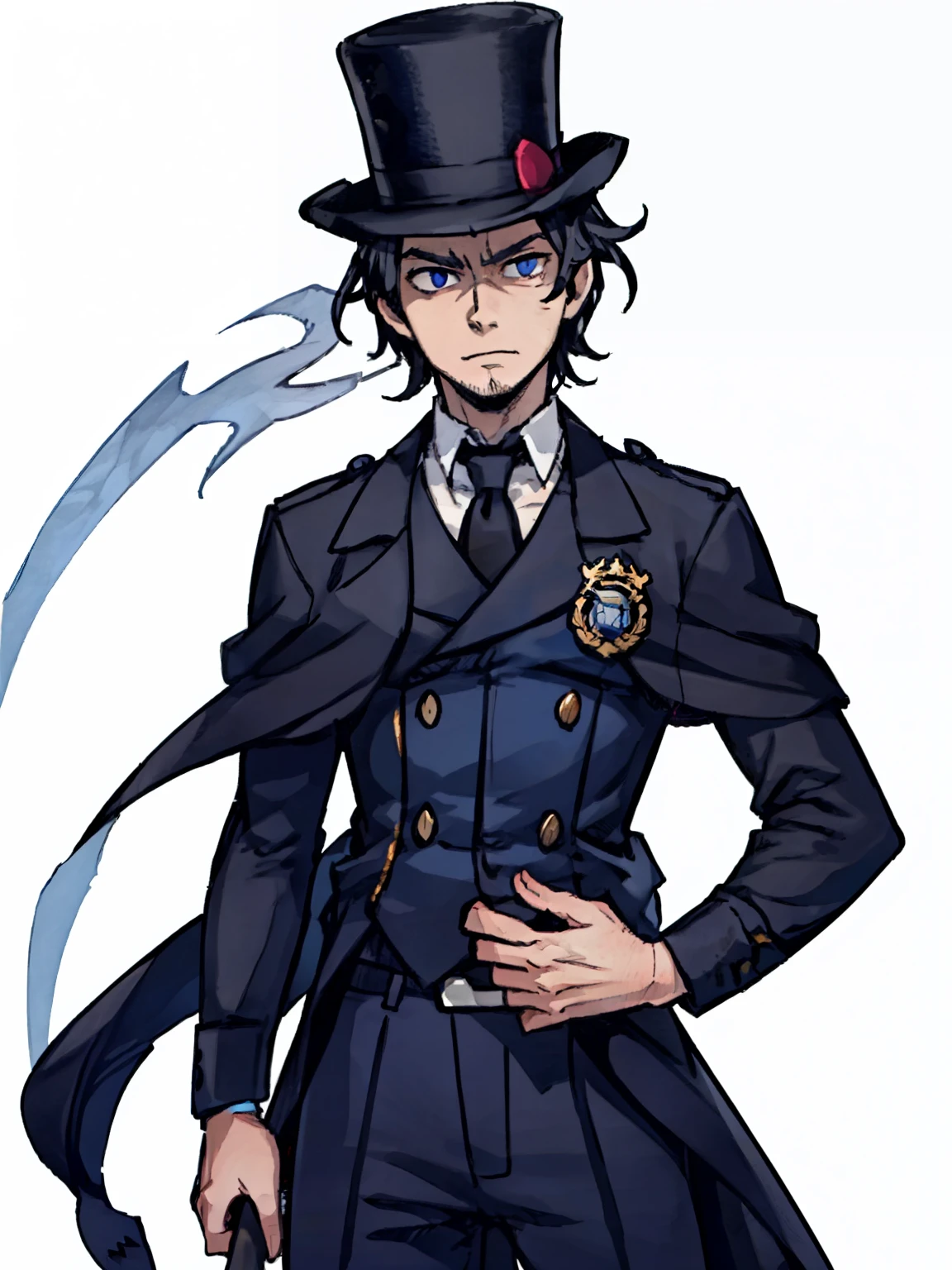 (A male warrior),front,(,(Half Body),(Black short hair),(Blue police uniform),(British top hat)),Fierce,Scar,Word Protection,With a stick,Blue by Capelet,White background