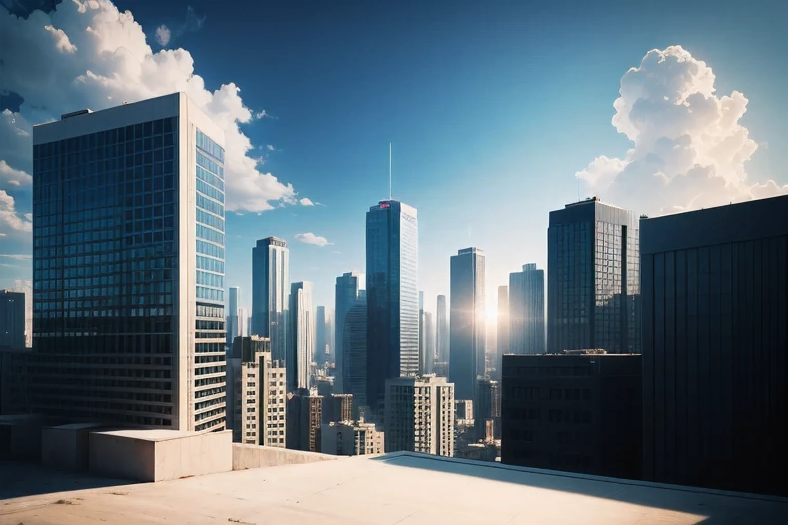 
4K Real Image、Beautiful blue sky、Flat silhouette of buildings、A dark silhouette against the backlight