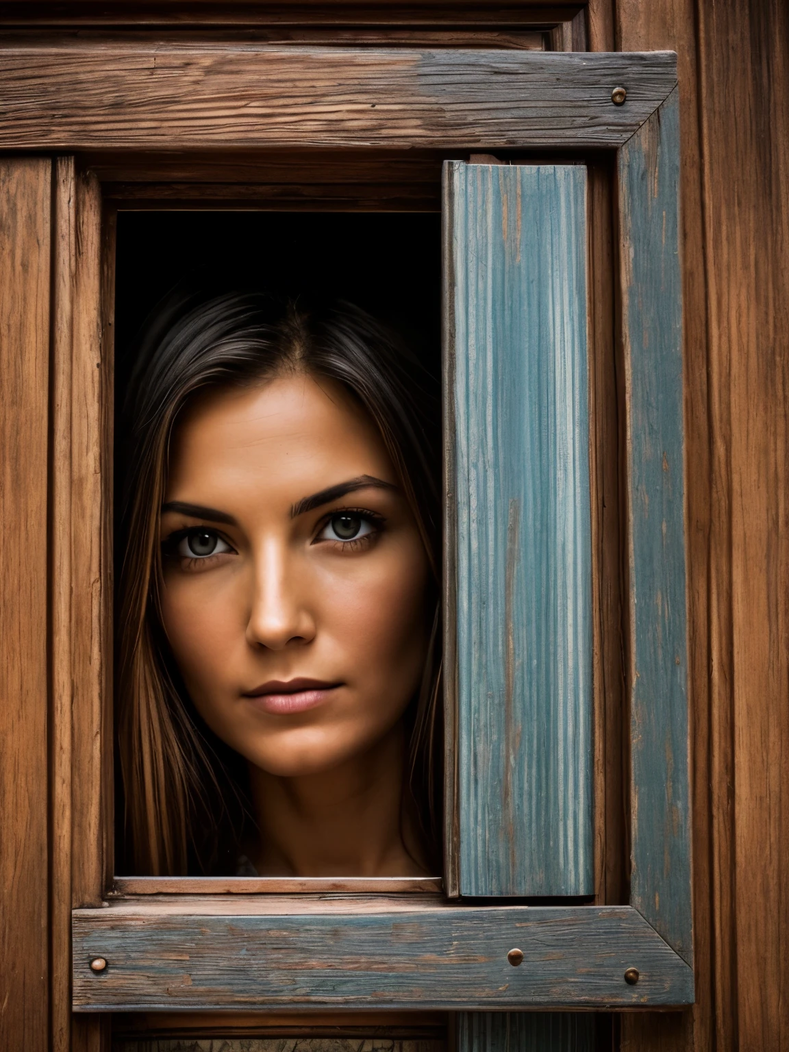 photography,Old house,Woman looking out through the crack of the door,Detailed Details,Perfect face