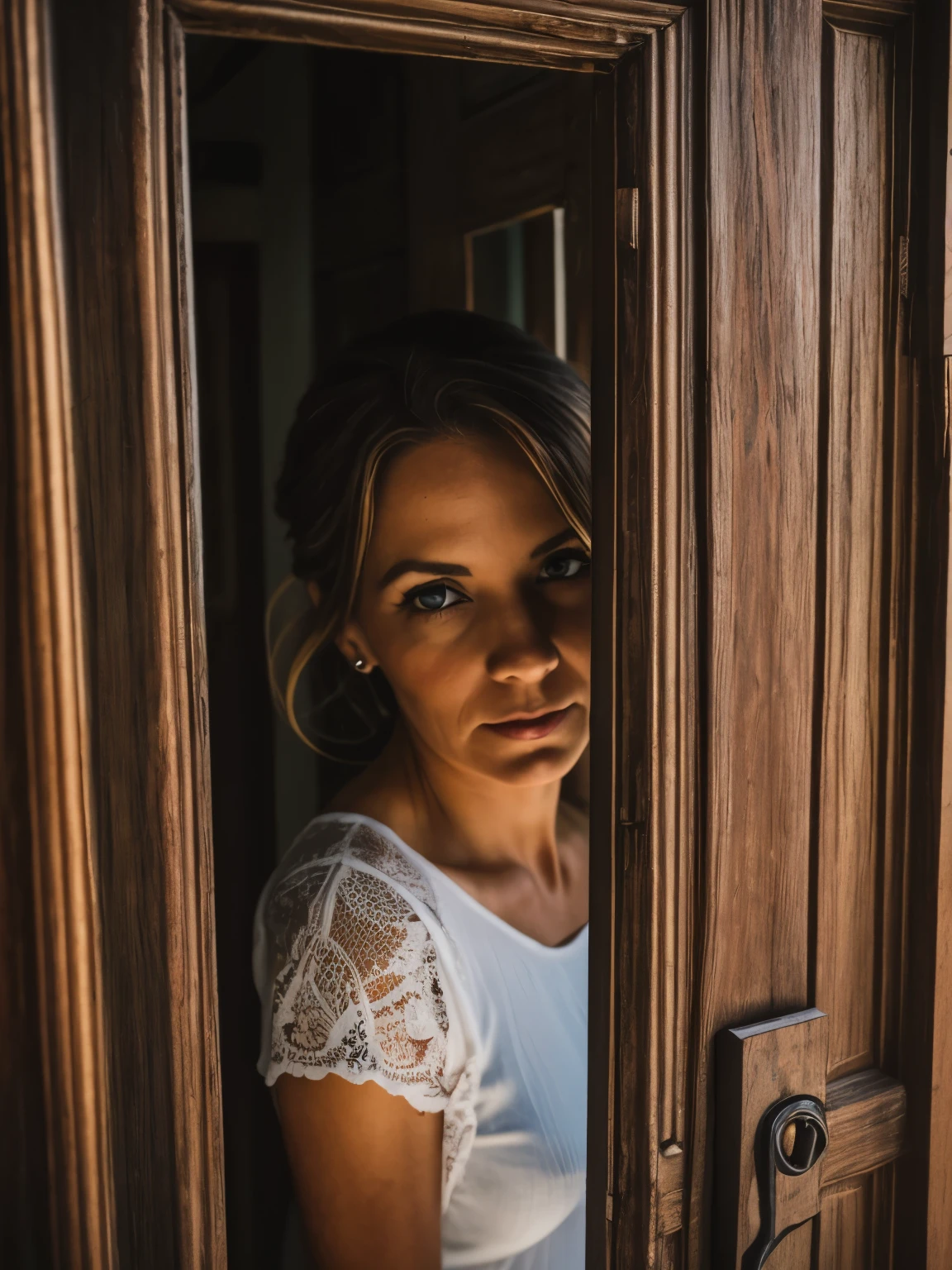 photography，Old house，Woman looking out through the crack of the door，Detailed Details，Perfect face