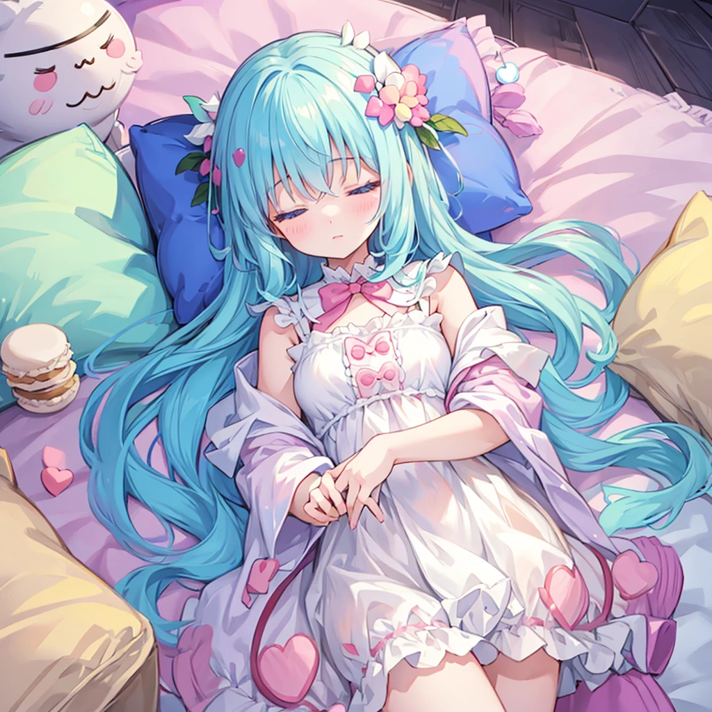 Little、cute、Soft and fluffy、Heartwarming、pastel colour、Milky white semi-long hair、Sleeping between macarons on a macaron blanket、Rainbow Fractal Art、sleepeace,