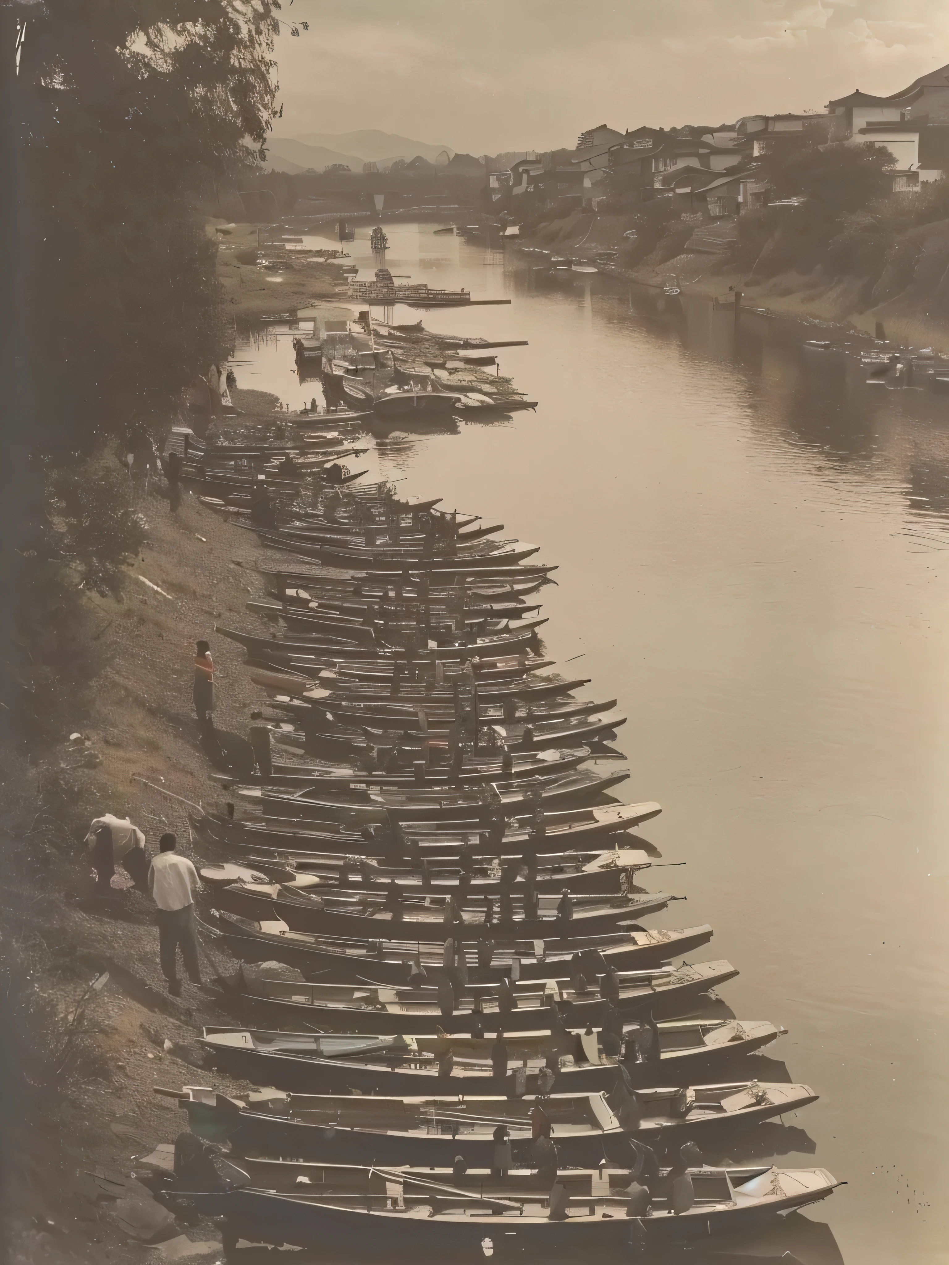 Photographed in the 1940s, the East Zhejiang Canal, there are many small fishing boats lined up on the shore of a river, many cormorants are standing on the boats to rest, there are sailboats in the distance, there are faint mountains in the distance of the river, and there are houses and houses on both sides of the river. Busy people, beautiful scenery, panorama, 32k uhd, national geographic photo, surreal style, enhanced detail, unparalleled detail