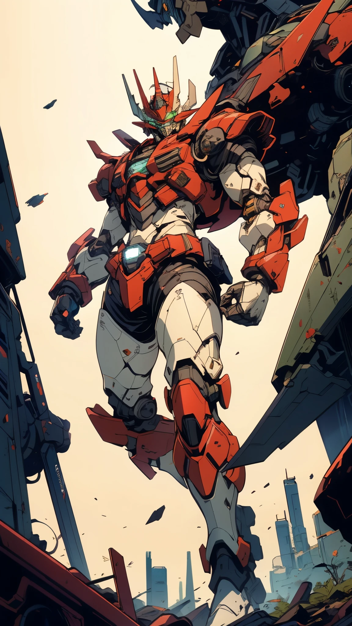 A man wearing a full-face helmet, a fantasy-style biotech armored combat suit, green eyes, (a composite layered chest armor), fully enclosed shoulder guards, matching arm and leg guards, the belt is adorned with Z mark, (the color scheme is primarily white with red and blue accents), the design balances heavy with agility, a high-tech bio-mecha armor, (Armor Concept Inspired by Mazinger Z, stand on the top of a skyscraper in a futuristic sci-fi city), this character embodies a finely crafted fantasy-surreal style armored hero in anime style, exquisite and mature manga art style, (battle damage, element, plasma, energy, the armor glows), ((male:1.5)), metallic, real texture material, dramatic, high definition, best quality, highres, ultra-detailed, ultra-fine painting, extremely delicate, professional, perfect body proportions, golden ratio, anatomically correct, symmetrical face, extremely detailed eyes and face, high quality eyes, creativity, RAW photo, UHD, 32k, Natural light, cinematic lighting, masterpiece-anatomy-perfect, masterpiece:1.5