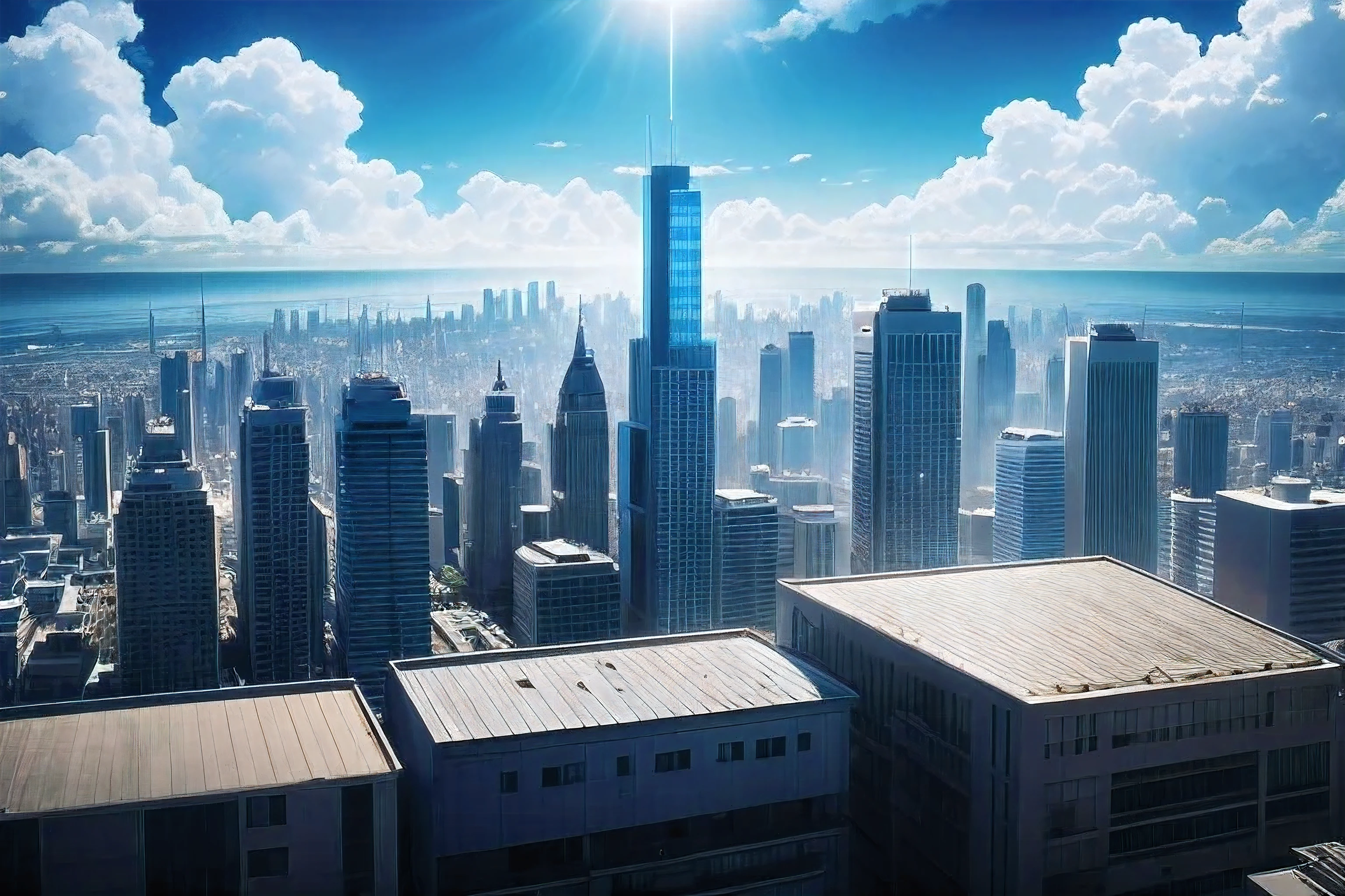 4K Real Image、Beautiful blue sky、Flat silhouette of buildings、A dark silhouette against the backlight
