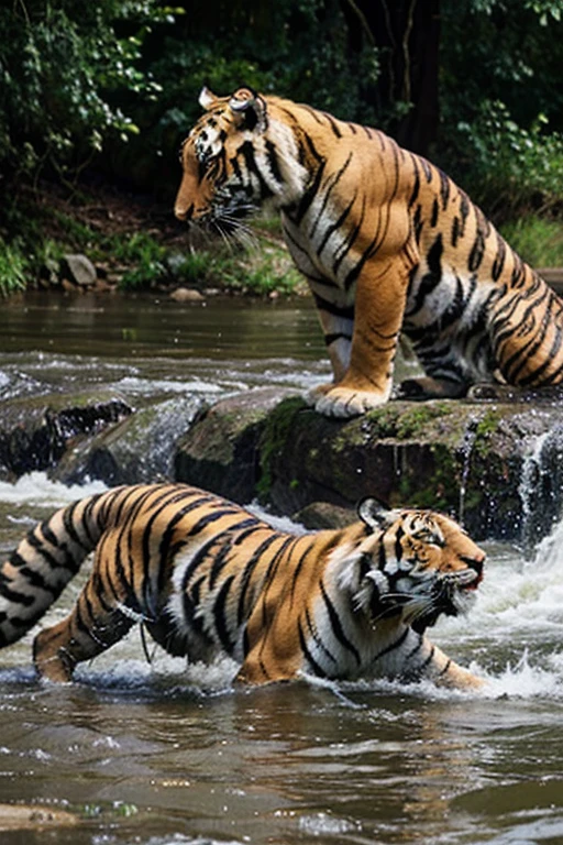 a wet tiger comes out of the river and shakes himself off