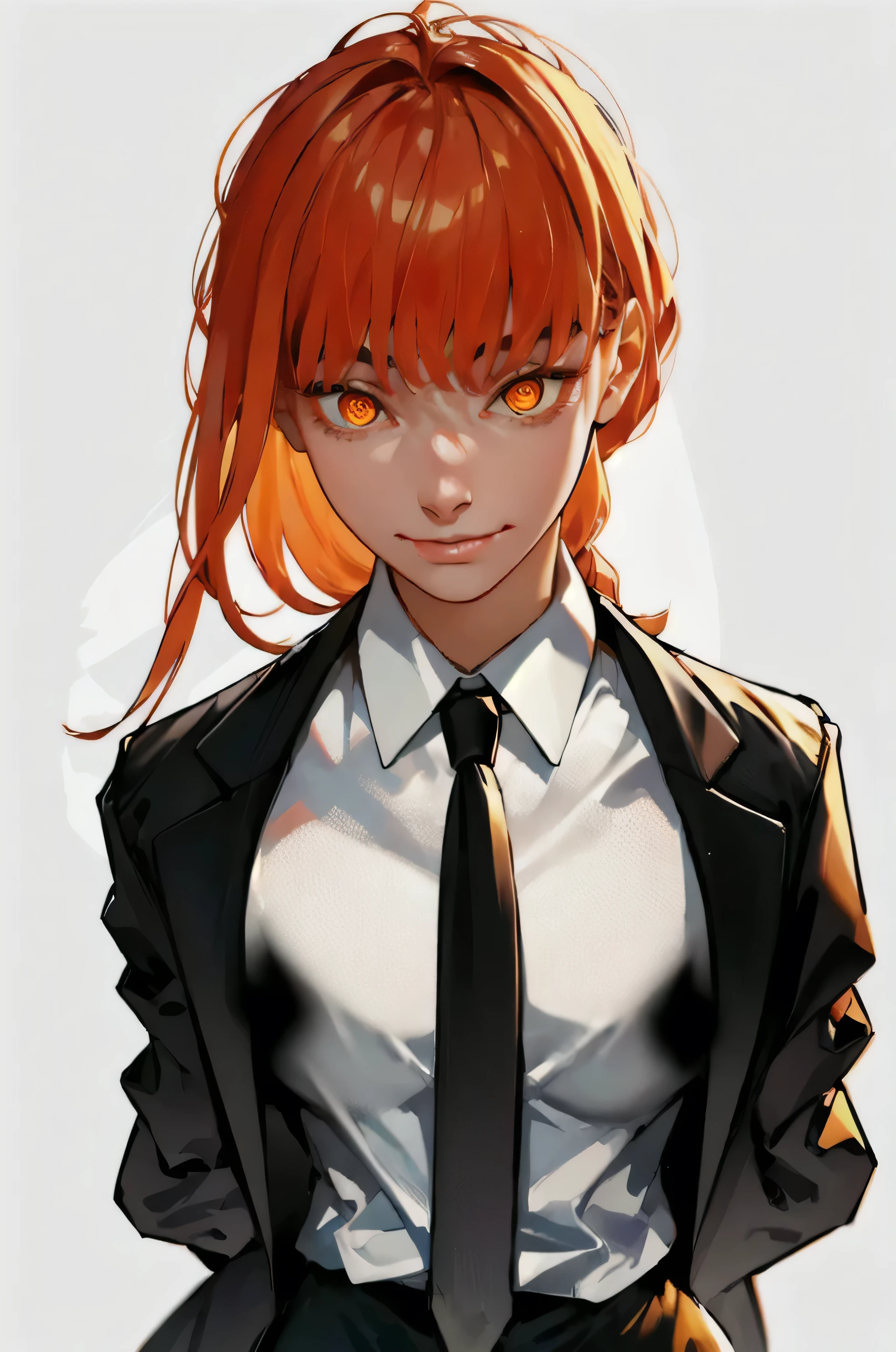 makima 1 girl, solo, long hair, medium size breasts, looking at viewer,bangs,white shirt, long sleeves, closed mouths, jacket, yellow eyes, shirt, upper body, braid, sidelocks, red hair, necktie, collared shirt, white background, medium hair, black jacket, orange eyes, black pants, formal, suit, black necktie, braided ponytail, office lady, ringed eyes, business suit, makima, perfect image size, portrait, high quality