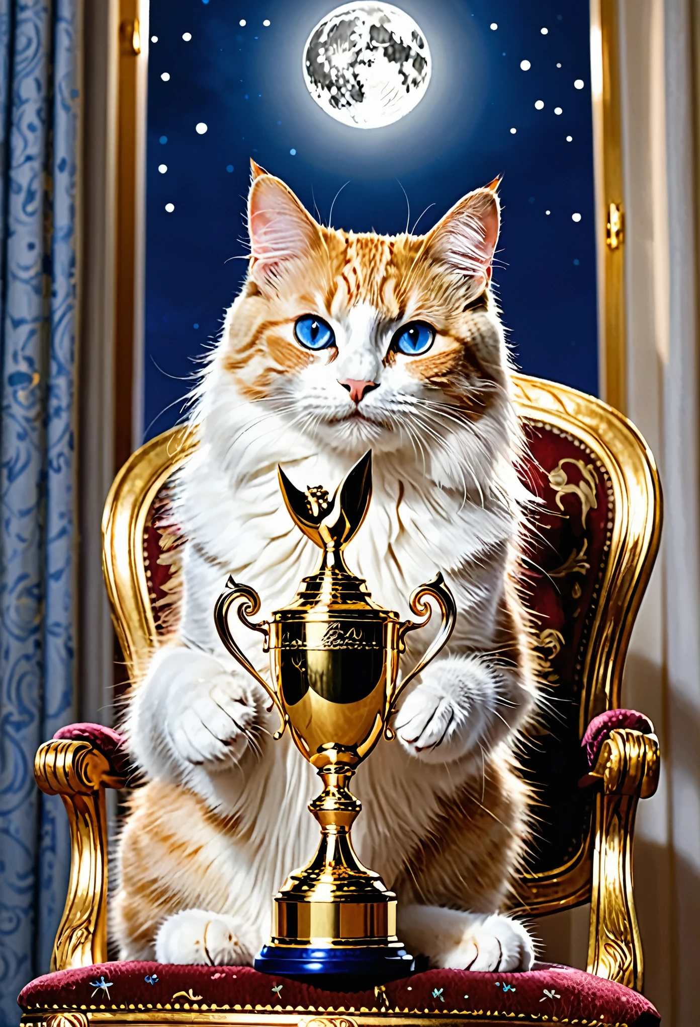 no human,(no humans),Moonlight falls on the living room, and the cat sits on the chair, holding onto the shining golden trophy in its hands. Its deep blue eyes sparkle with pride and satisfaction. It gently caressed the trophy, savoring the joy of victory, and its elegant posture appeared even more agile under the moonlight. The joy of cats comes from unremitting efforts and persistence. They believe that as long as they pursue their dreams, they can reap their own glory. Moonlight, living room, cats, golden trophies, deep blue eyes, pride, caressing, victory, joy, elegance, agility, hard work, persistence, pursuit, dreams, glory,(masterpiece, best quality:1.2),solo