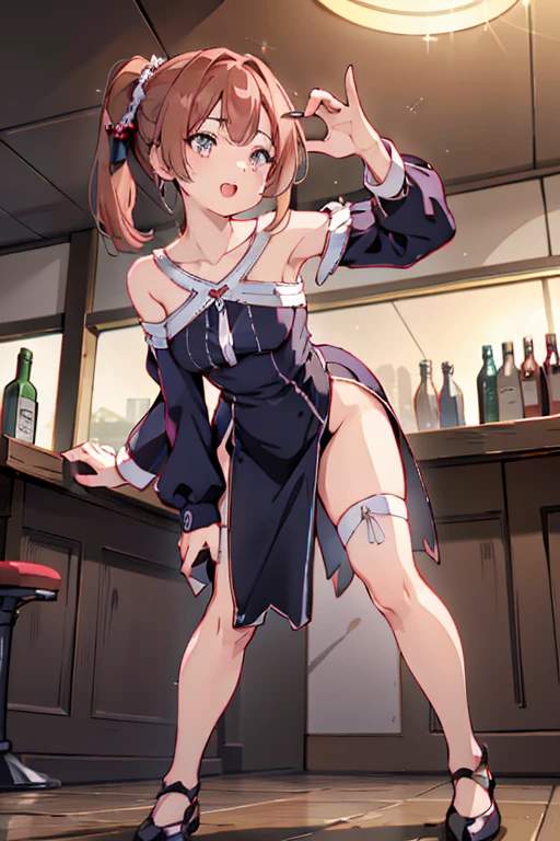 (from below:1.4),(from side:0.9), ((Face)), (Close-Up:0.4), masterpiece,"A 26-year-old girl stands at a bar counter. She is dressed in a stylish off-shoulder dress, sweater dress, off-shoulder sweater, red sweater,garter stocking, cleavage:1.1, midriff, black shorts, black thighhighs, thigh strap, pretty girl, (highly detailed beautiful face and eyes,firm breasts),real skin,((black,hair,long pony tail hair)),thin pubic hair,cute and lovely pose, detailed eyes, This masterpiece is only visually stunning but also tells,(double breasted:0.6,under bust:0.6),(with sparkling eyes and a contagious smile),open mouth. The bar is beautiful, with colorful bottles of alcohol in the background and a soft glow from neon lights. The atmosphere is relaxed, and the girl looks confident and fashionable.",full body, sexy pose,make a cocktail , in a bar counter, Looking at Viewer,
