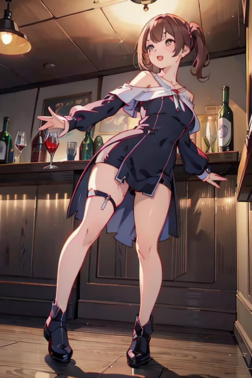 (from below:1.4),(from side:0.9), ((Face)), (Close-Up:0.4), masterpiece,"A 26-year-old girl stands at a bar counter. She is dressed in a stylish off-shoulder dress, sweater dress, off-shoulder sweater, red sweater,garter stocking, cleavage:1.1, midriff, black shorts, black thighhighs, thigh strap, pretty girl, (highly detailed beautiful face and eyes,firm breasts),real skin,((black,hair,long pony tail hair)),thin pubic hair,cute and lovely pose, detailed eyes, This masterpiece is only visually stunning but also tells,(double breasted:0.6,under bust:0.6),(with sparkling eyes and a contagious smile),open mouth. The bar is beautiful, with colorful bottles of alcohol in the background and a soft glow from neon lights. The atmosphere is relaxed, and the girl looks confident and fashionable.",full body, sexy pose,make a cocktail , in a bar counter, Looking at Viewer,
