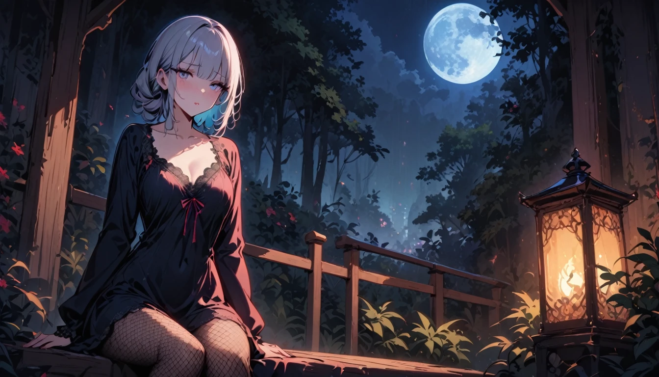 ((SFW)), (masterpiece, best quality, highres), night, full moon, 1 adult female, solo, nighttime, forest, standing, sittting on a wooden bench, ((comfortable night gown)), long silver hair, pale pink lips, Fishnet tights, blushing, ((anxious, waiting for someone)), three bangs, lace gloves, grey eyes, facial details, beautiful eyes, eyes full of details),