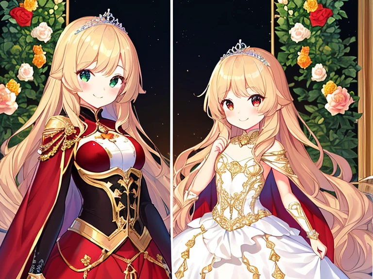 (kawaii),(best quality),(ultra detailed), upper body,(rococo style),(long train red cape:1.15), very long cape,(long train white ball gown with flower decorations), a girl is wearing a cape over her gown, 1 little princess, tiara , smile, very long hair, small breasts