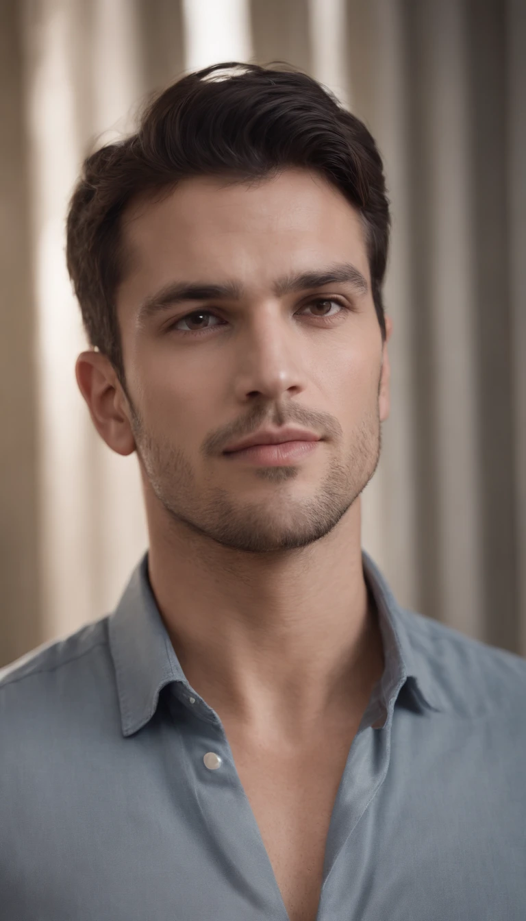 Retrato de un apuesto modelo masculino, 29 years old, Camisa, barechest, sin barba, con cabello largo hasta los hombros, oscuro y desordenado y ondulado, Super brown eyes, labios gruesos, defined muscles, caber, Cuerpo rasgado, Plano medio, ultra highest detailed face, Darmatic Lighting, luz corta