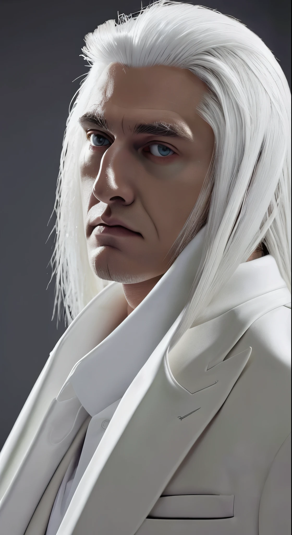 masterpiece, highest quality, (alone focus), (Perfect Face:1.1), (Attention to detail:1.1), (Ultra-detailed eyes), dramatic, A man with white skin and long, voluminous white hair, White eyes, alone, Long Hair, Sephiroth, moon, night, White luxury suit, Covered navel, Pouting, fur, Arrogant look, rose園, Detailed Background, Art by artgerm, Cinema Lighting, rose, fashion, Balenciaga Style