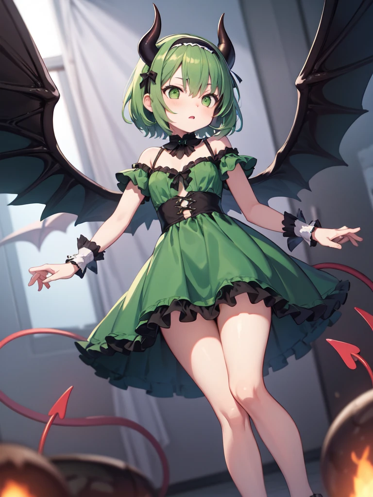 PADastaroth, wings, green hair, hairband, short hair, dress, frills, green eyes, green dress, demon horns, standing